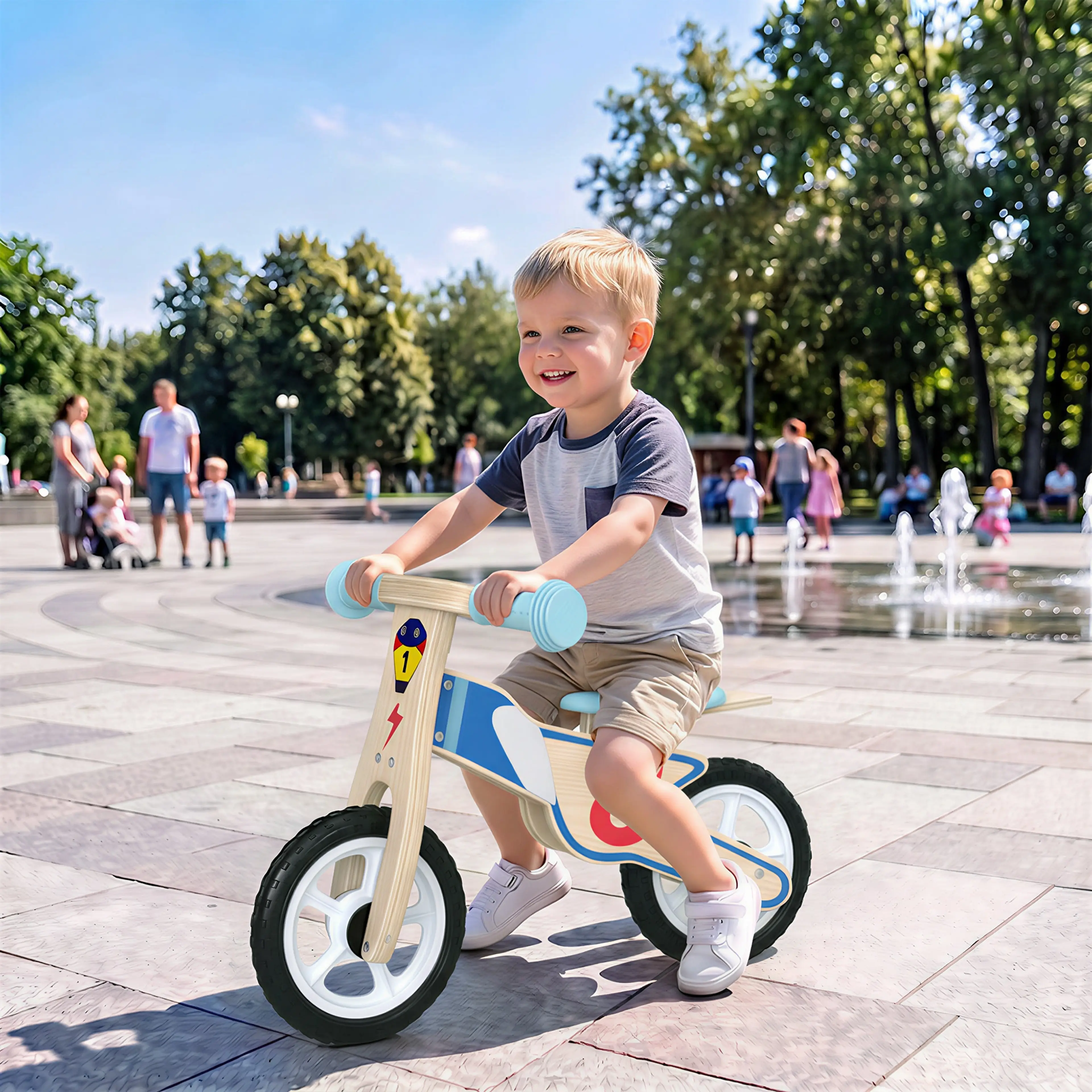 Ett barn åker springcykel på ett torg med fontäner