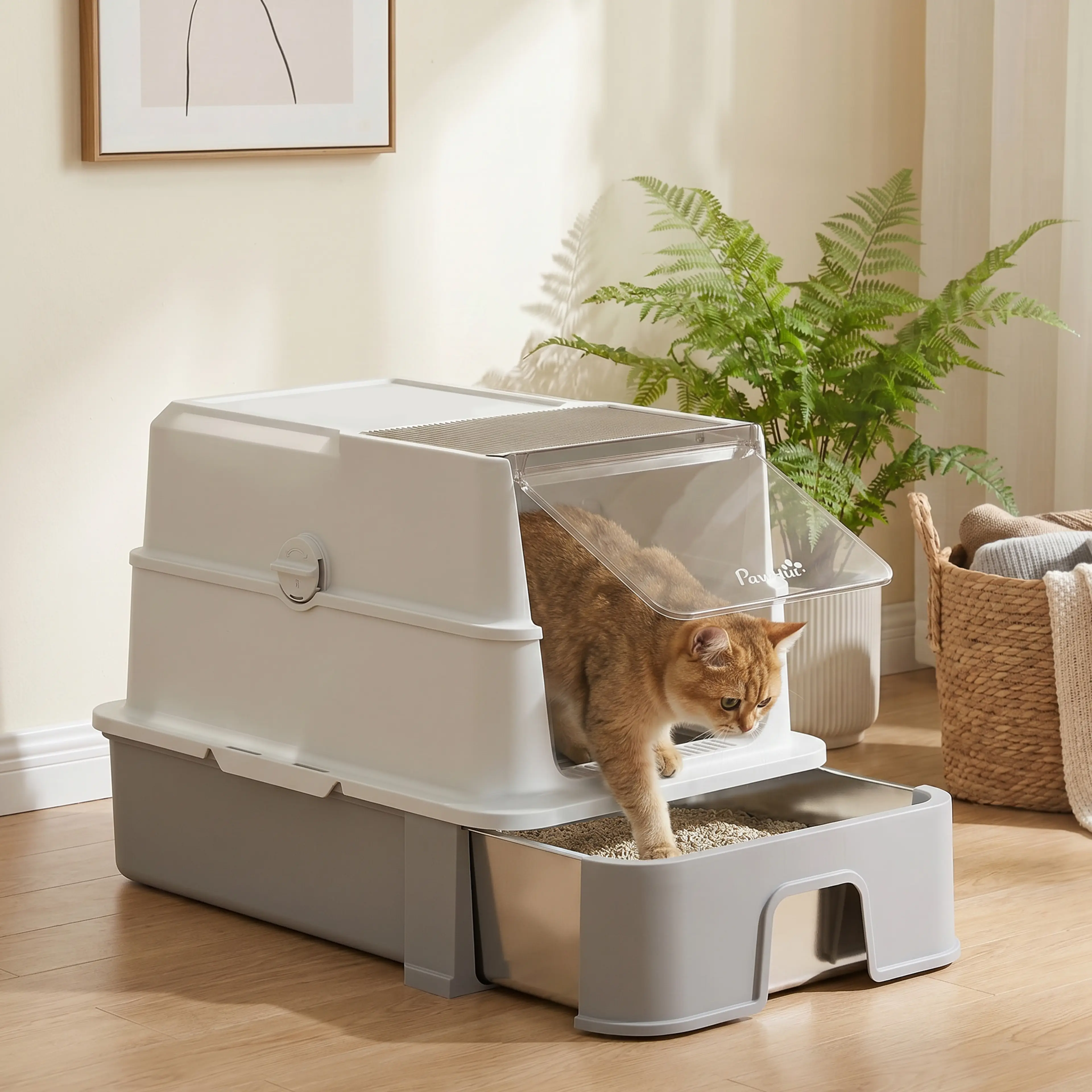 Katt står på gallersteget framför kattlådan som fångar upp strö från tassarna