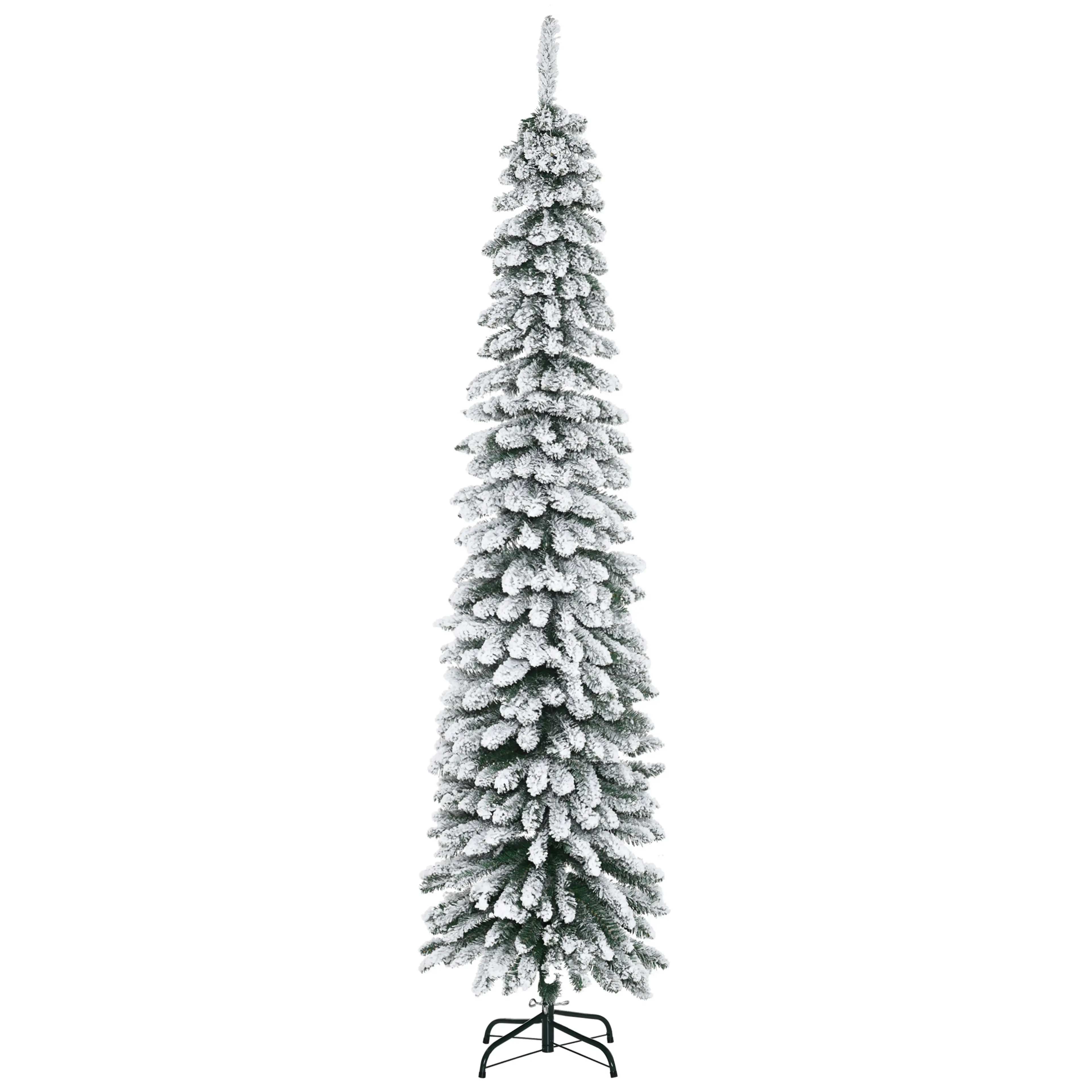 Smal pelarjulgran 210 cm med snötäckta grenar och metallfot