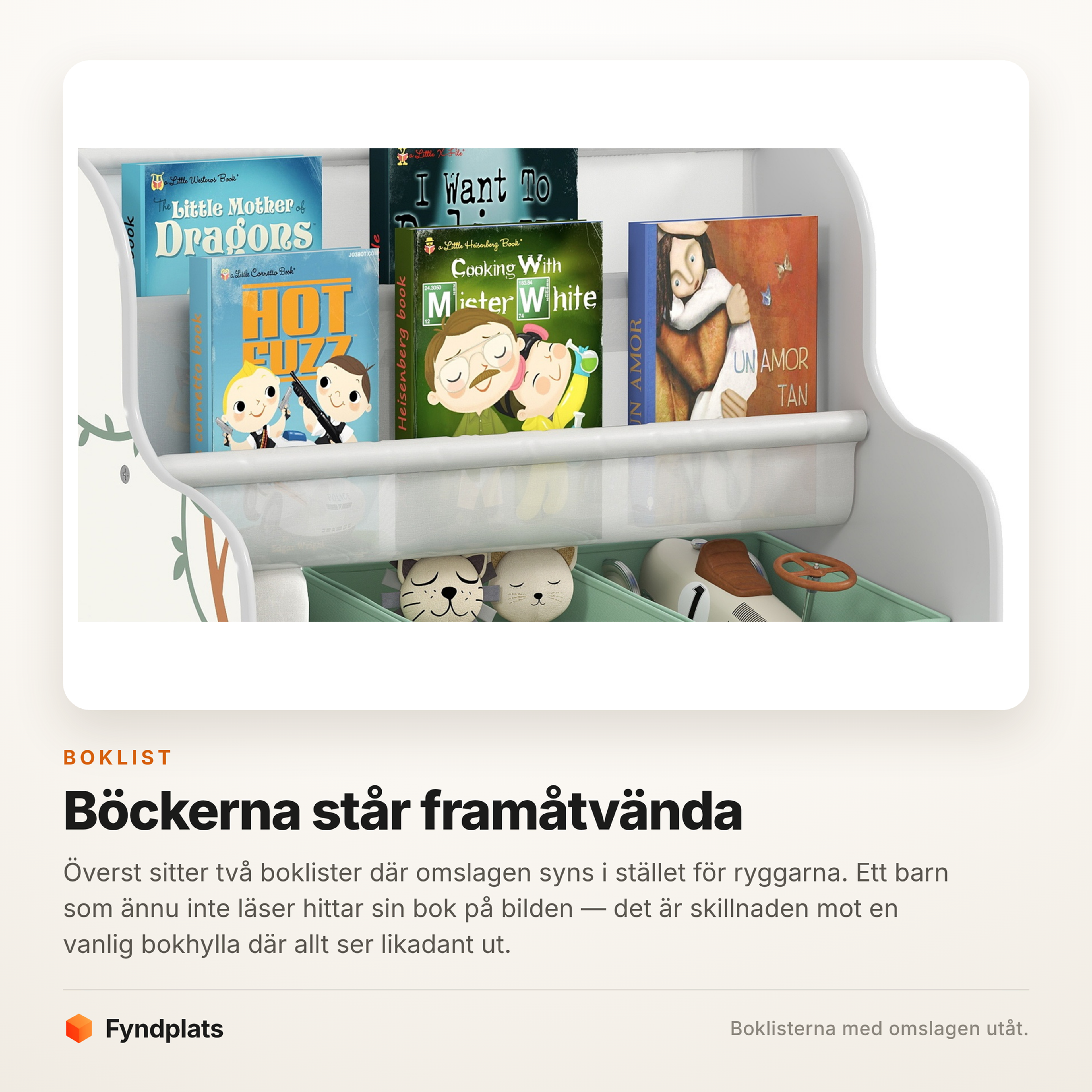 Boklisterna överst med böckernas omslag utåt