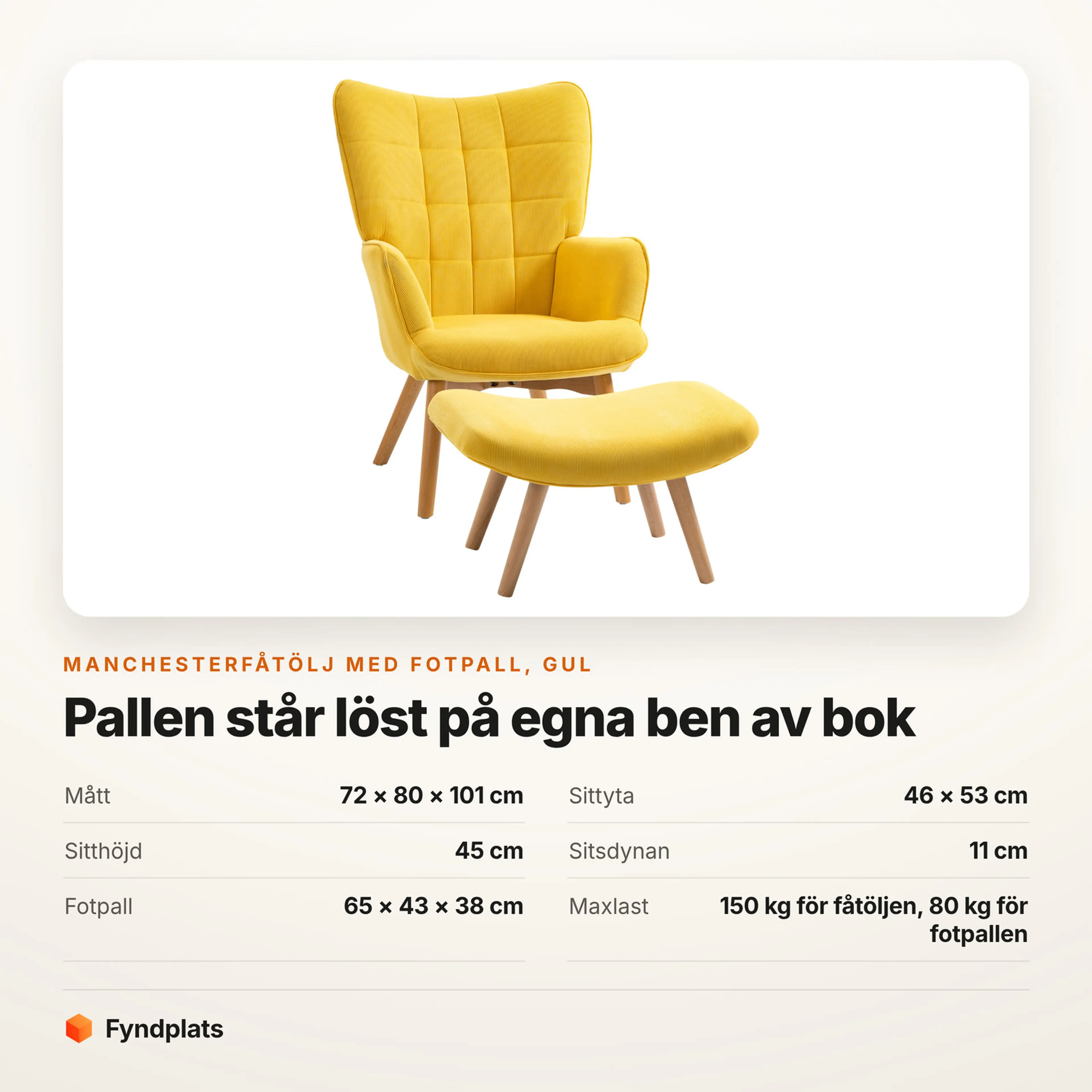 Manchesterfåtölj i gul med fotpall – Faktakort med mått, sittyta, sitthöjd, sitsdynans tjocklek, fotpallens mått och maxlast