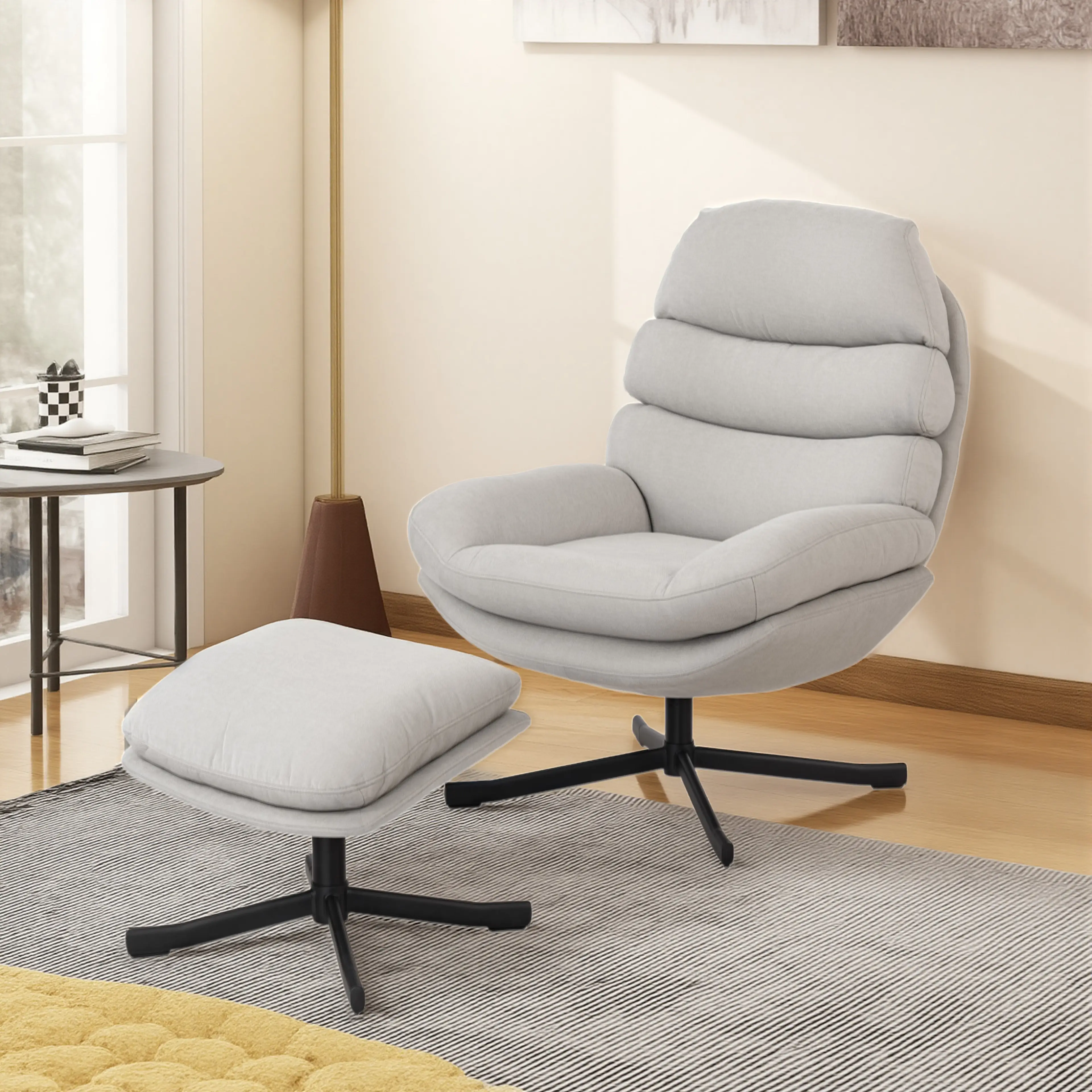 Loungefåtölj med fotpall i chenille, 360° snurrfot – ljusgrå – bild 4