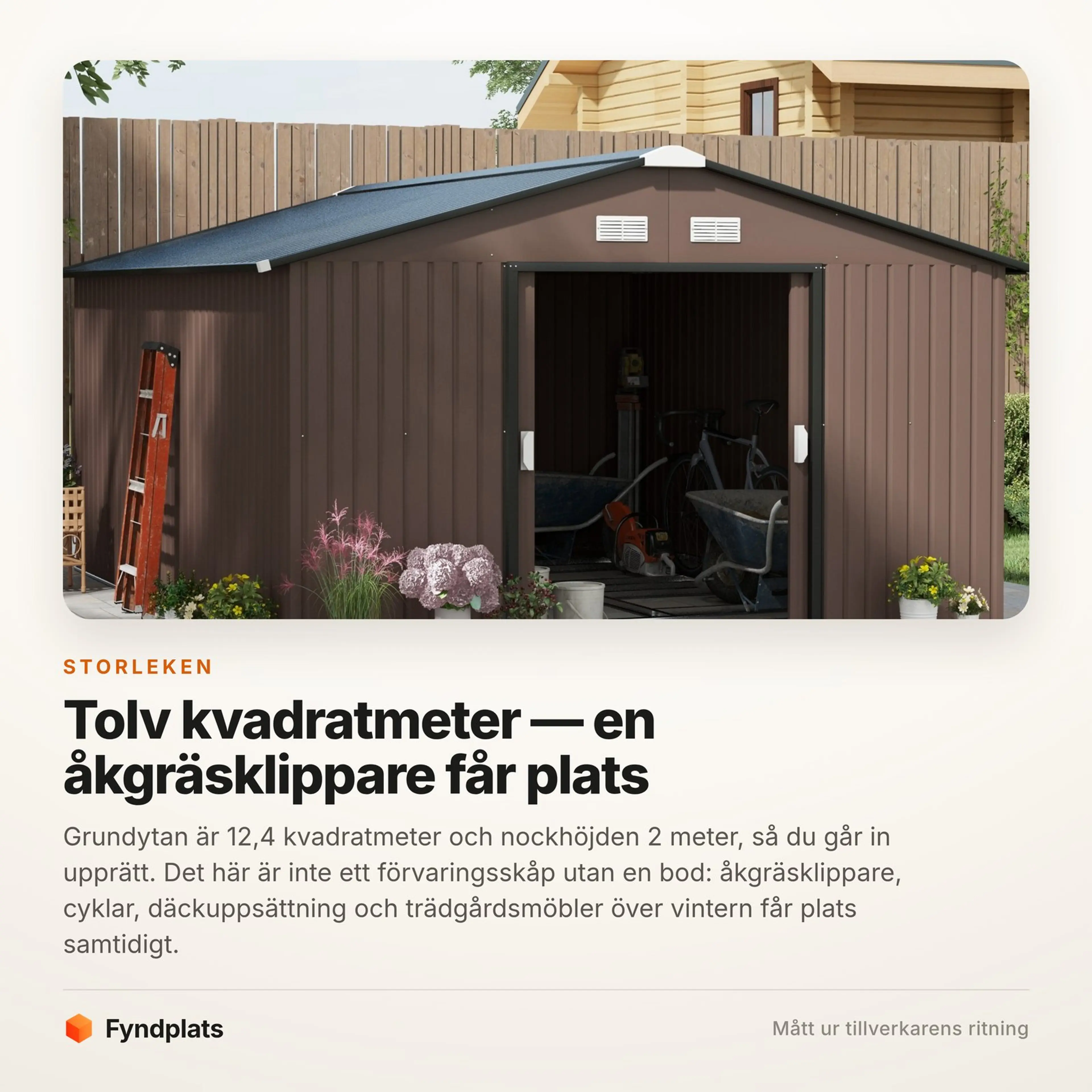 Fyndplats faktakort: 12,4 kvadratmeter rymmer en åkgräsklippare