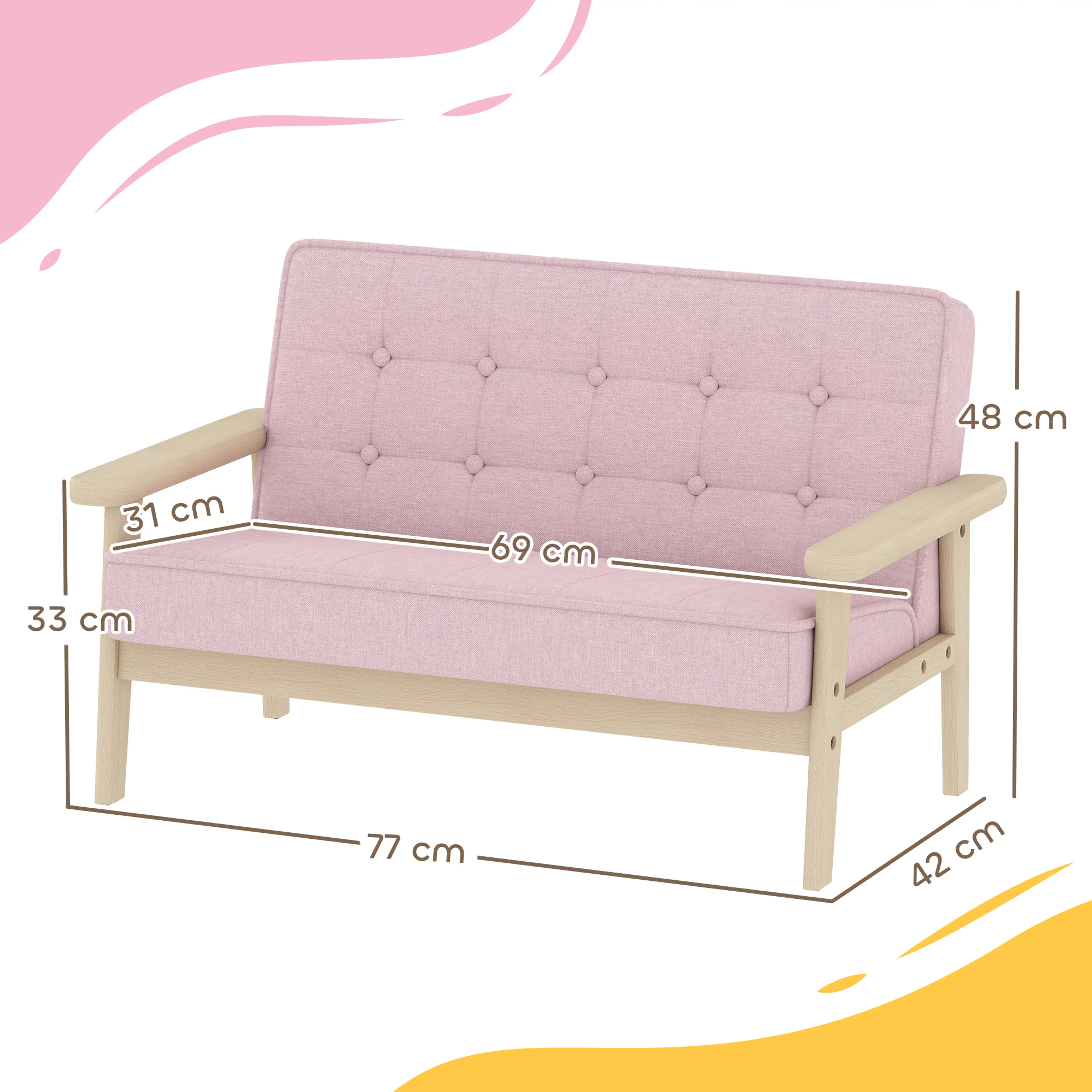 Kortluggat rosa tyg på barnsoffa, närbild