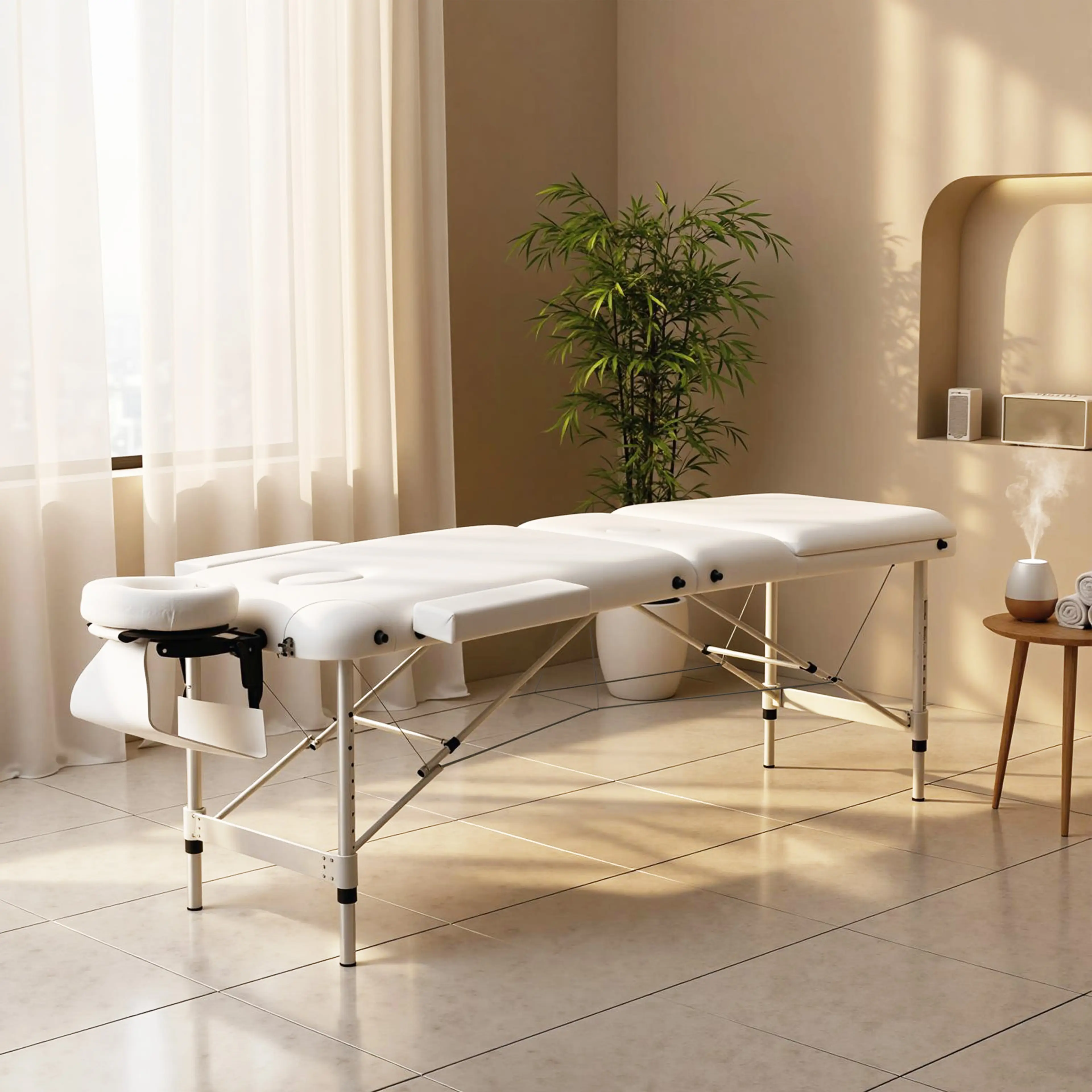 Vit hopfällbar massagebänk i tre delar med ansiktsöppning och aluminiumram (2)