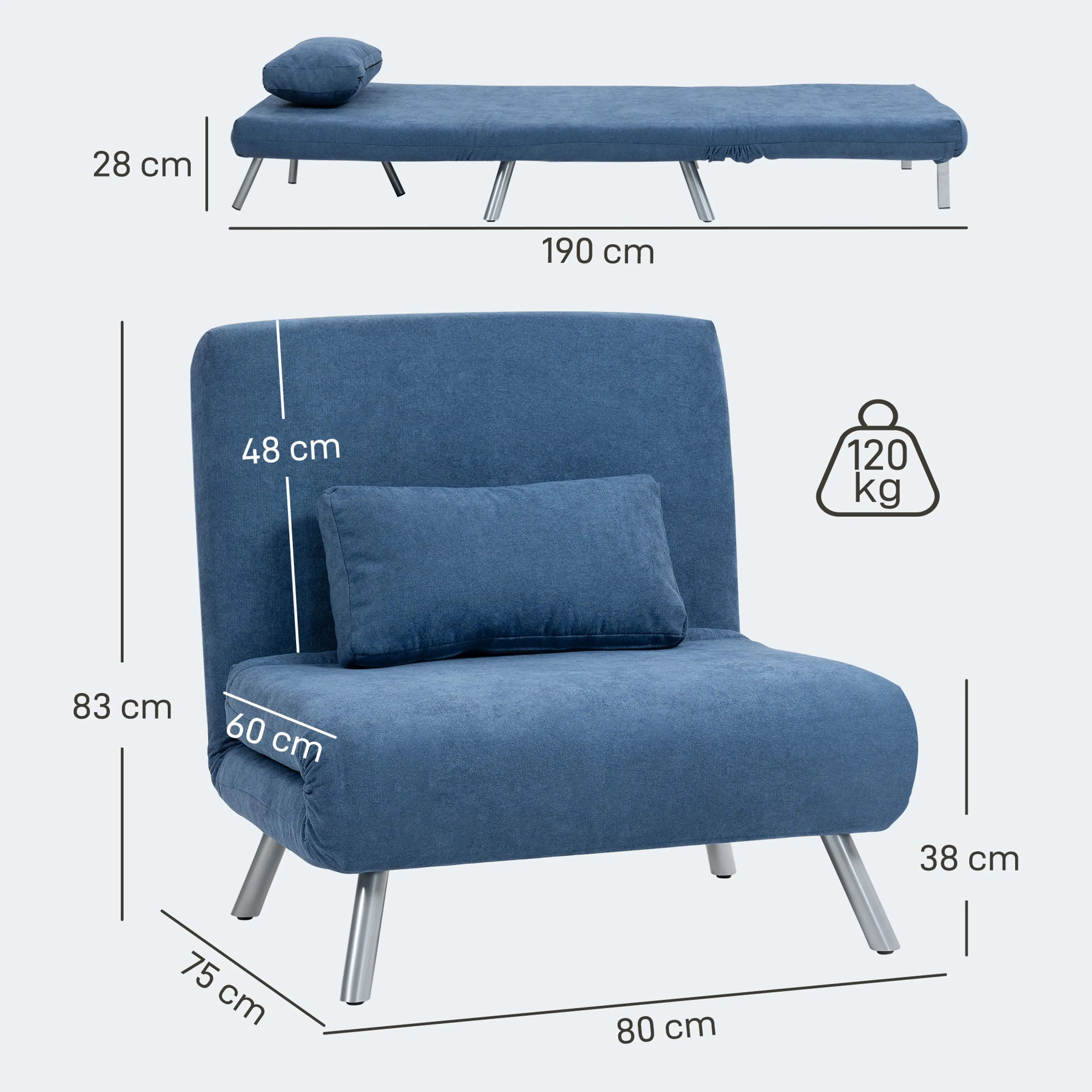 Måttritning: bädden är 190 cm lång och ligger 28 cm över golvet, som fåtölj 80 × 75 × 83 cm med sitsen på 38 cm