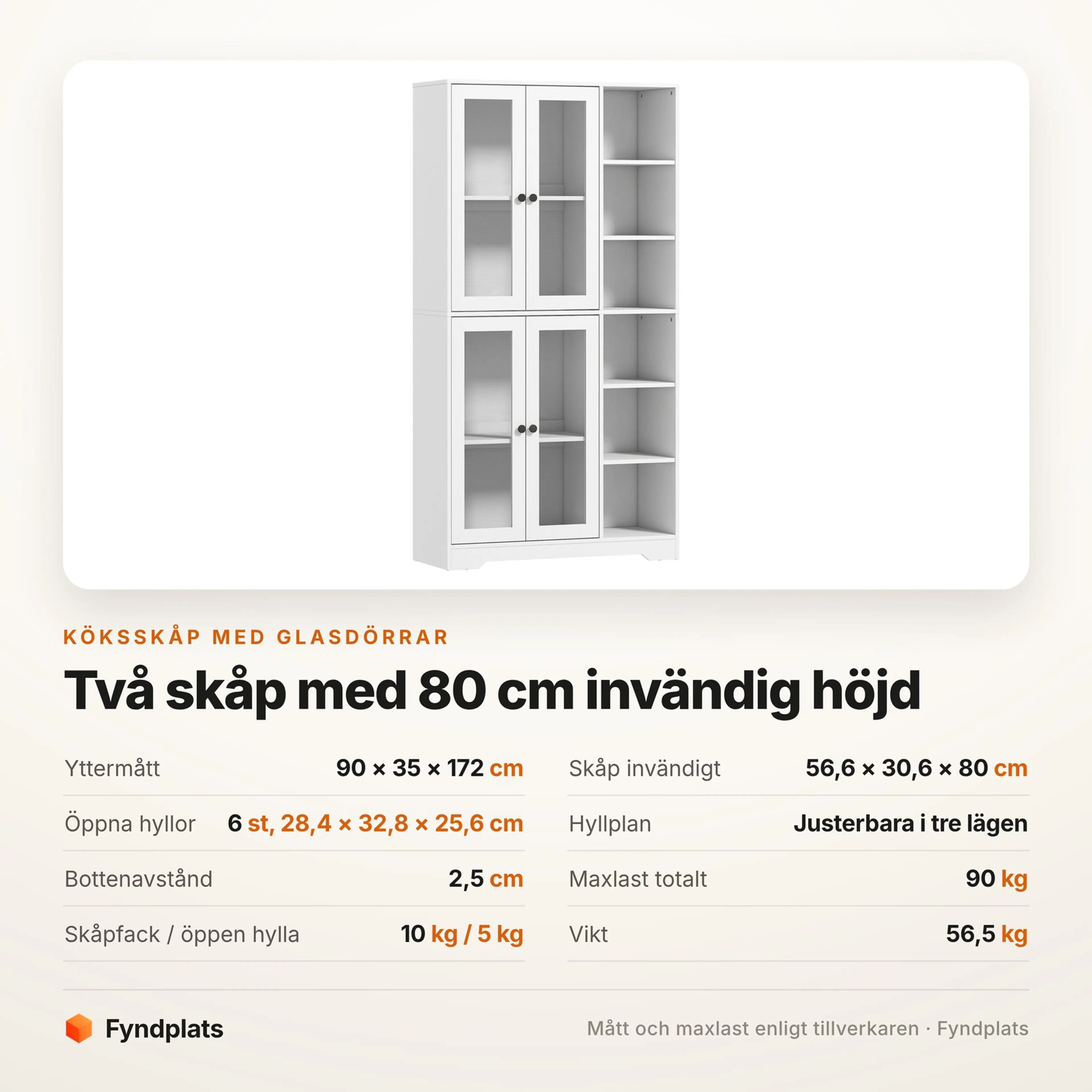 Spec-kort med mått och maxlast för köksskåpet med glasdörrar