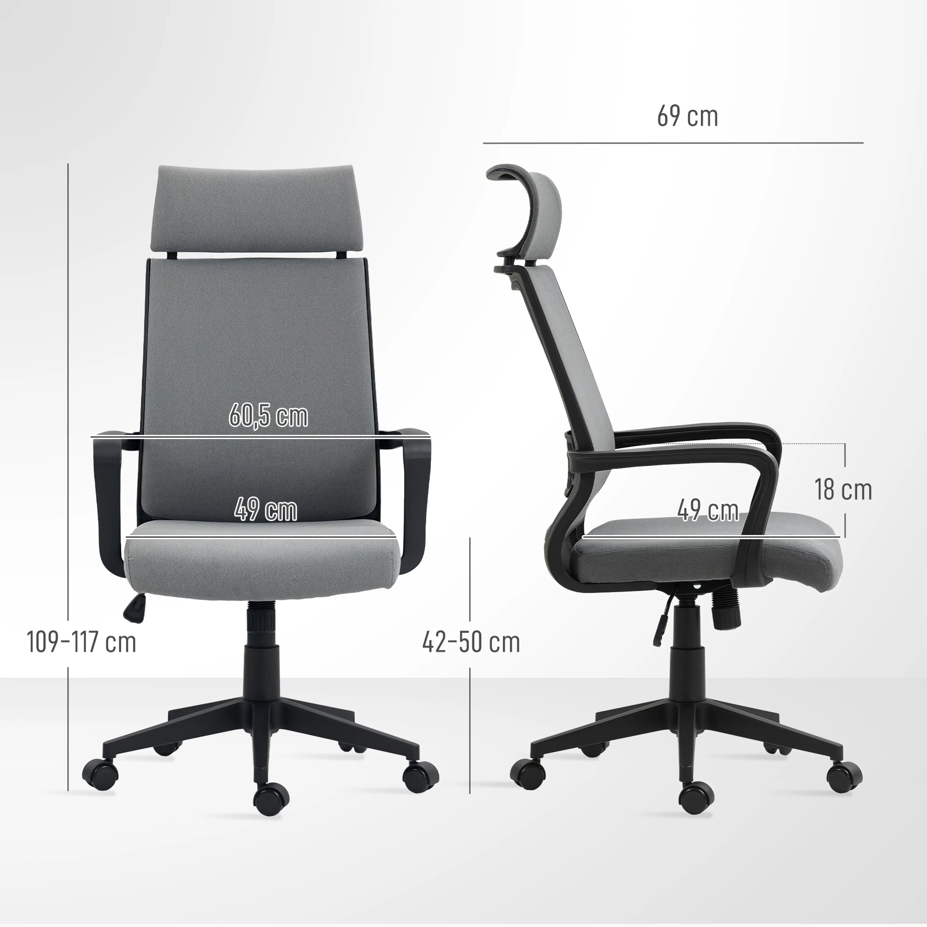 Måttritning med djup 69 cm, höjd 109–117 cm, sitthöjd 42–50 cm och sits 49 cm