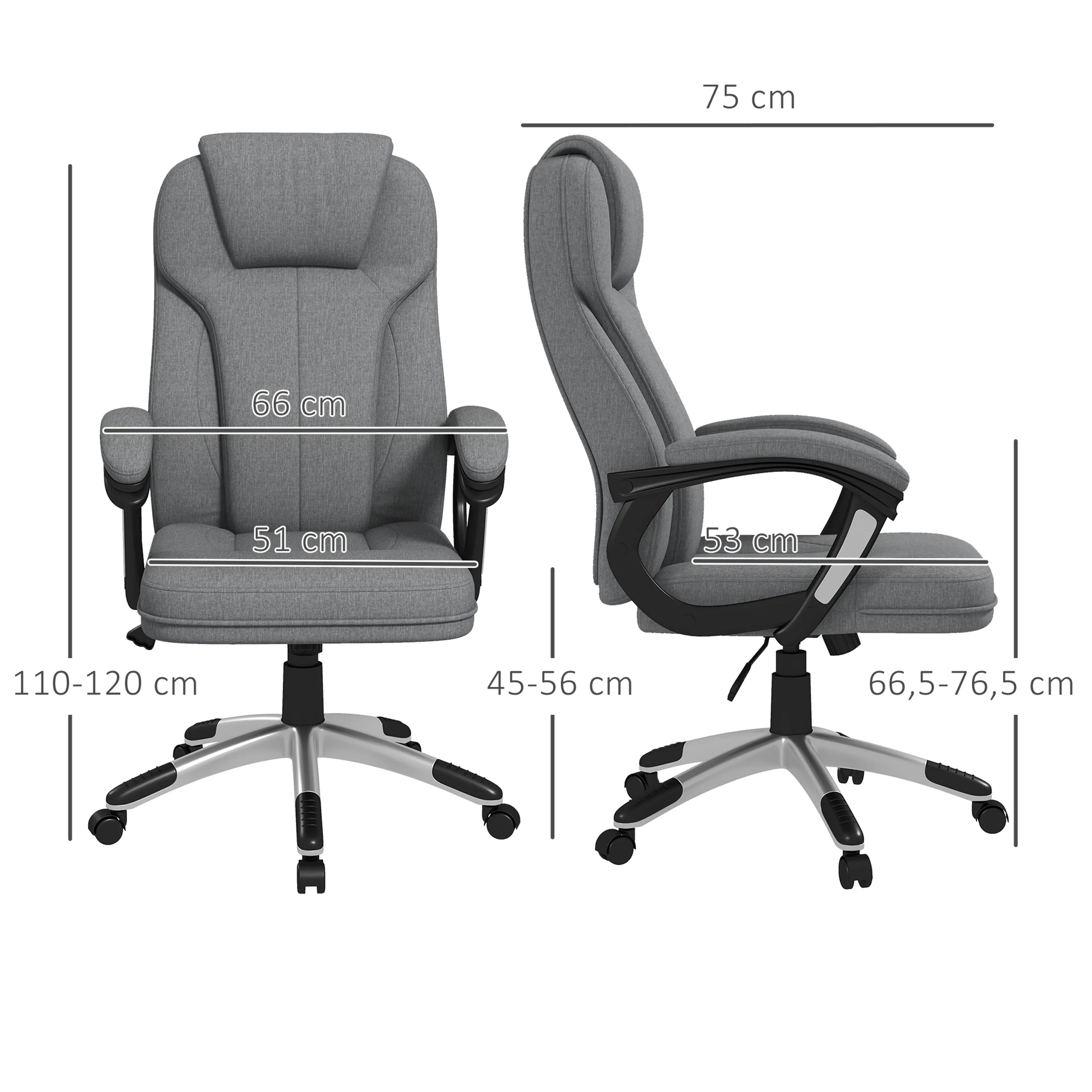 Måttritning med bredd 66 cm, djup 75 cm, höjd 110–120 cm och sitthöjd 45–56 cm