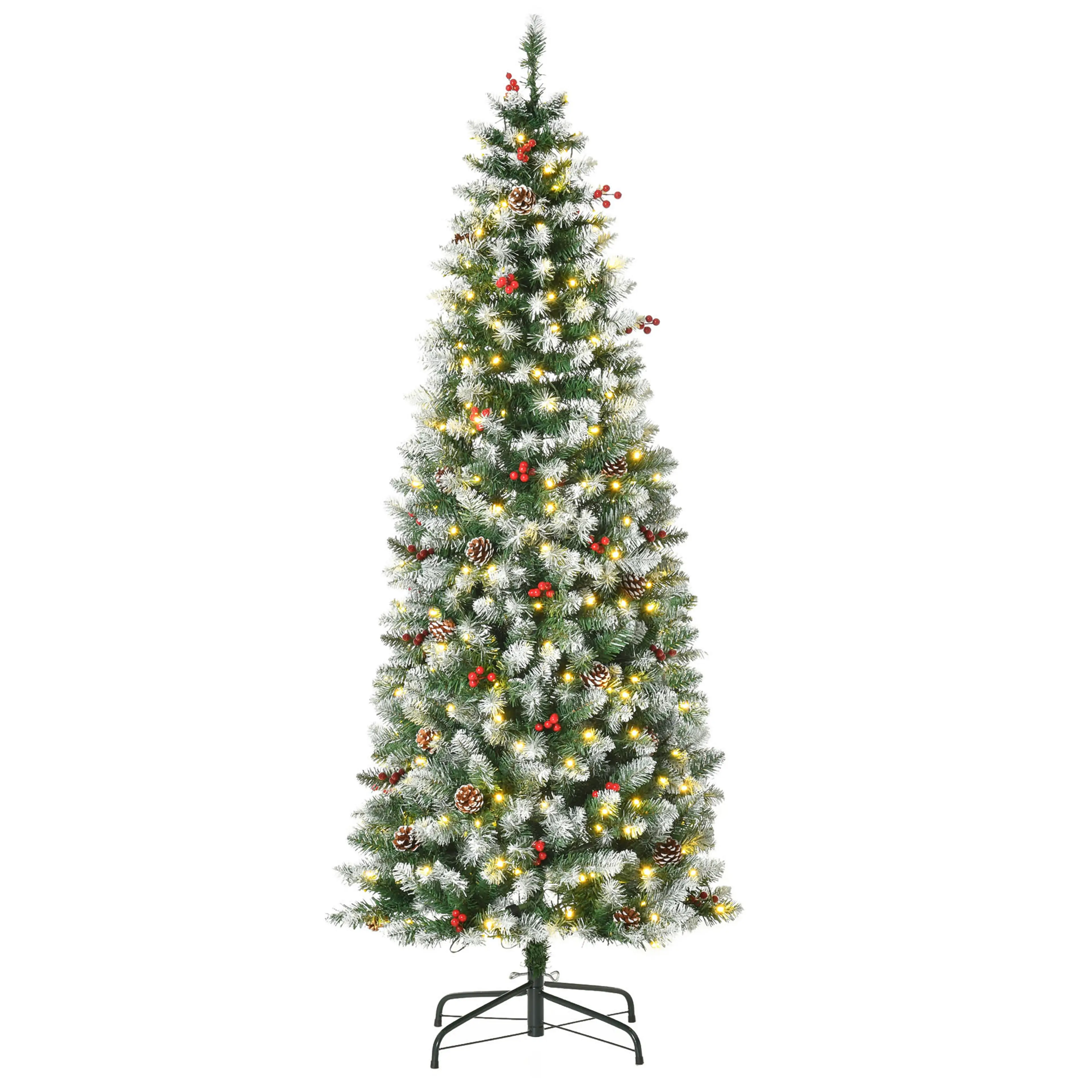 Smal julgran 180 cm med 300 LED, kottar och röda bär