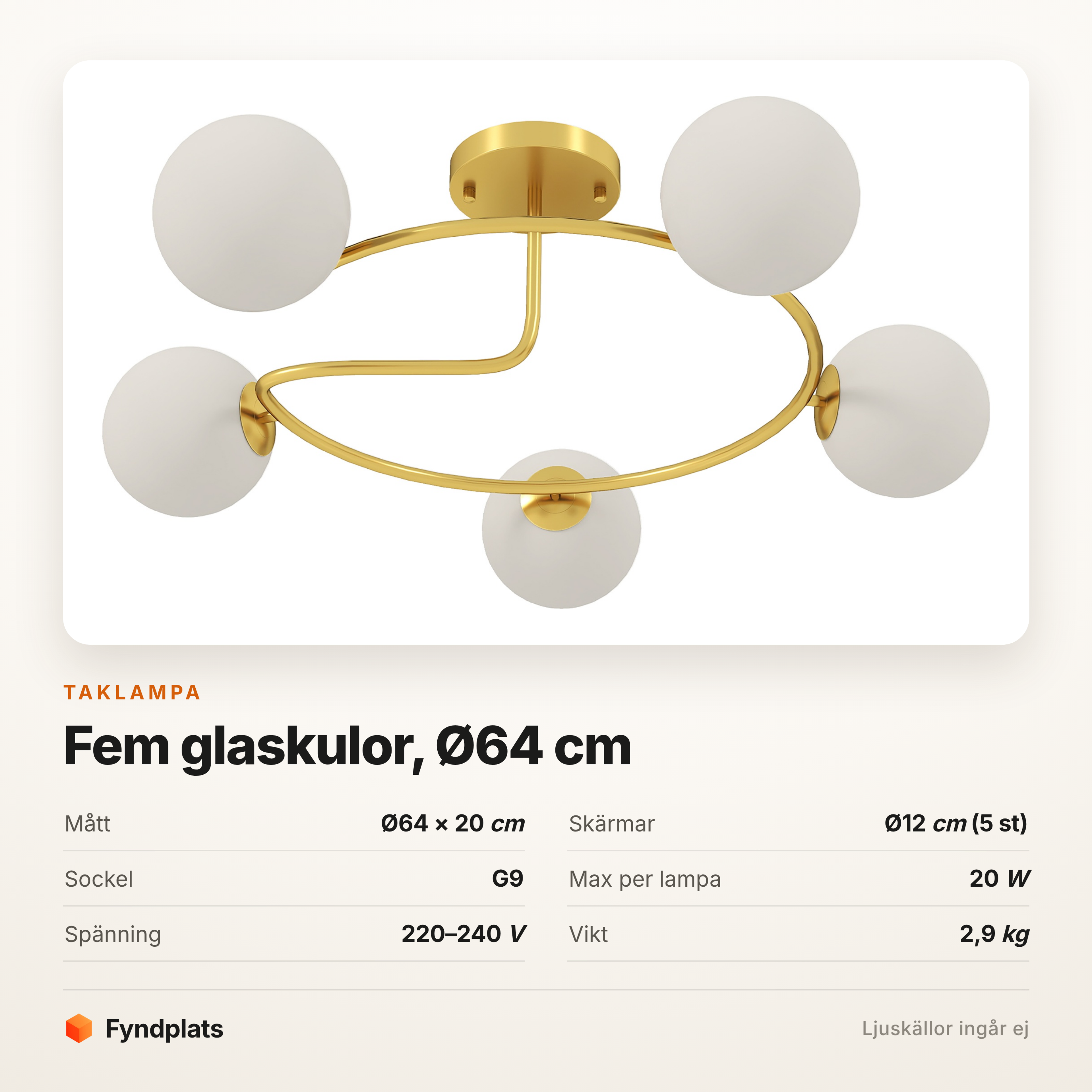 Taklampa med fem glaskulor Ø64 cm – guldram, G9, bara 20 cm hög – bild 5