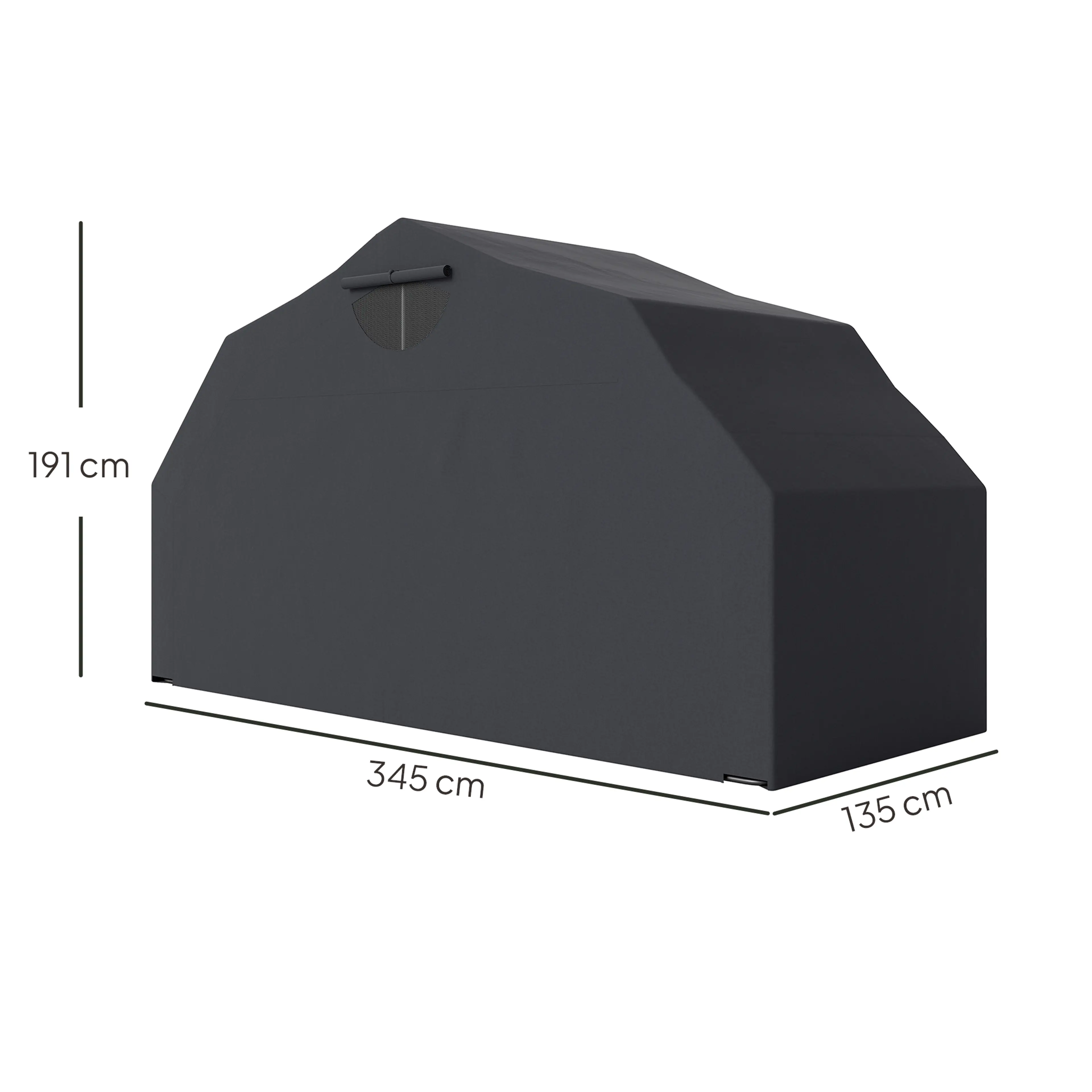 Måttbild: motorcykelgaraget är 345 × 135 × 191 cm