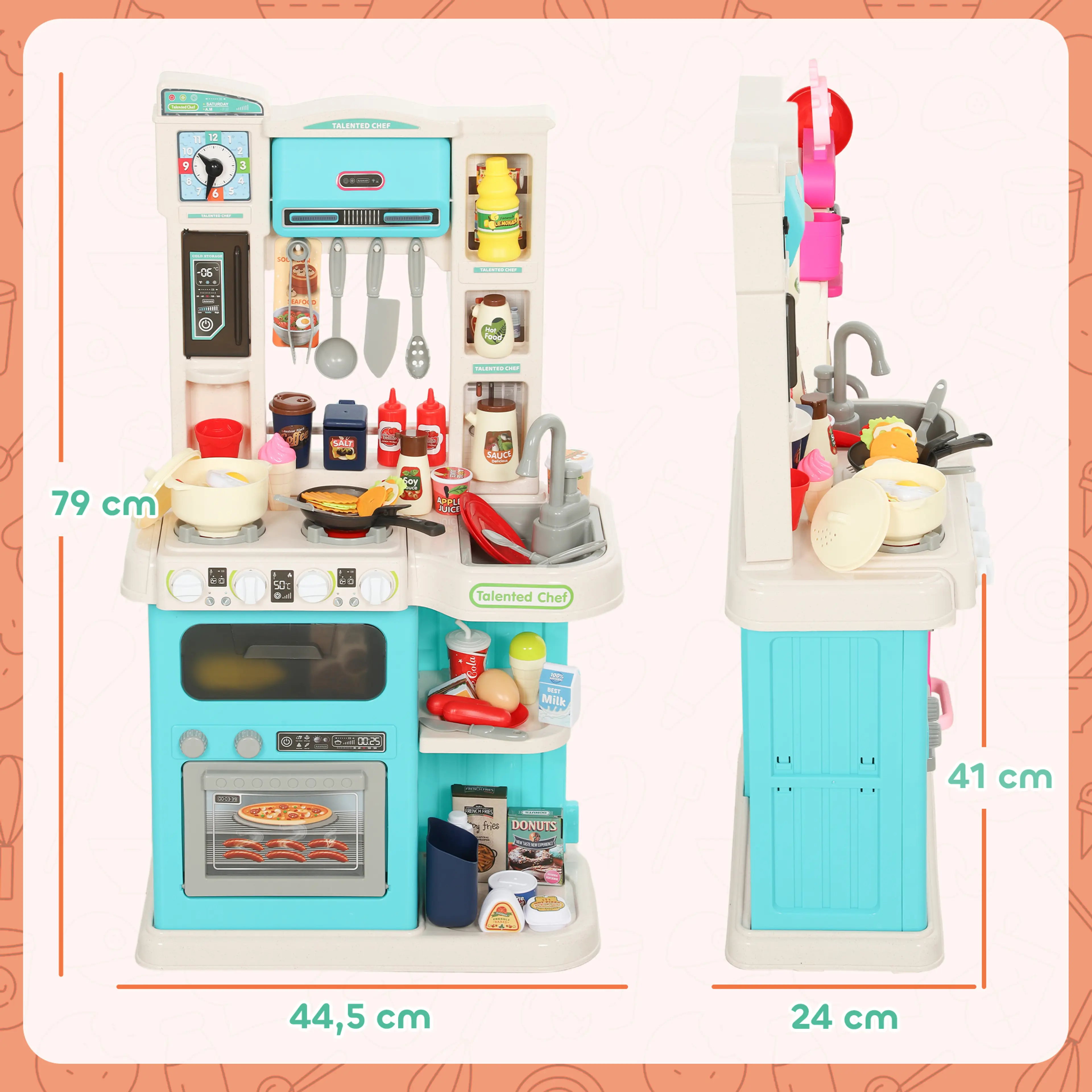 Måttbild: köket är 44,5 cm brett, 24 cm djupt och 79 cm högt, med arbetshöjd 41 cm