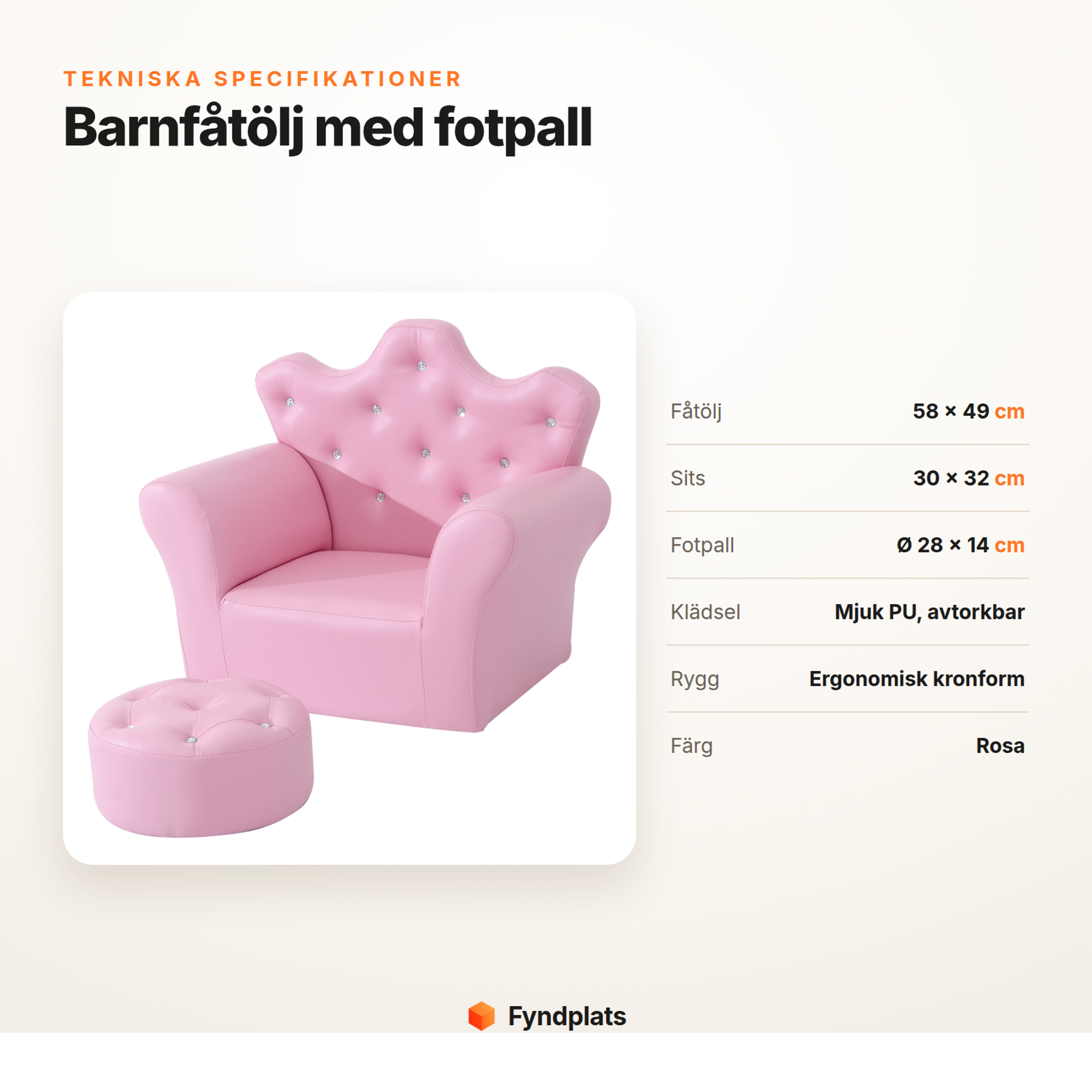 Specifikationer för barnfåtölj: mått, sits, fotpall, klädsel och färg