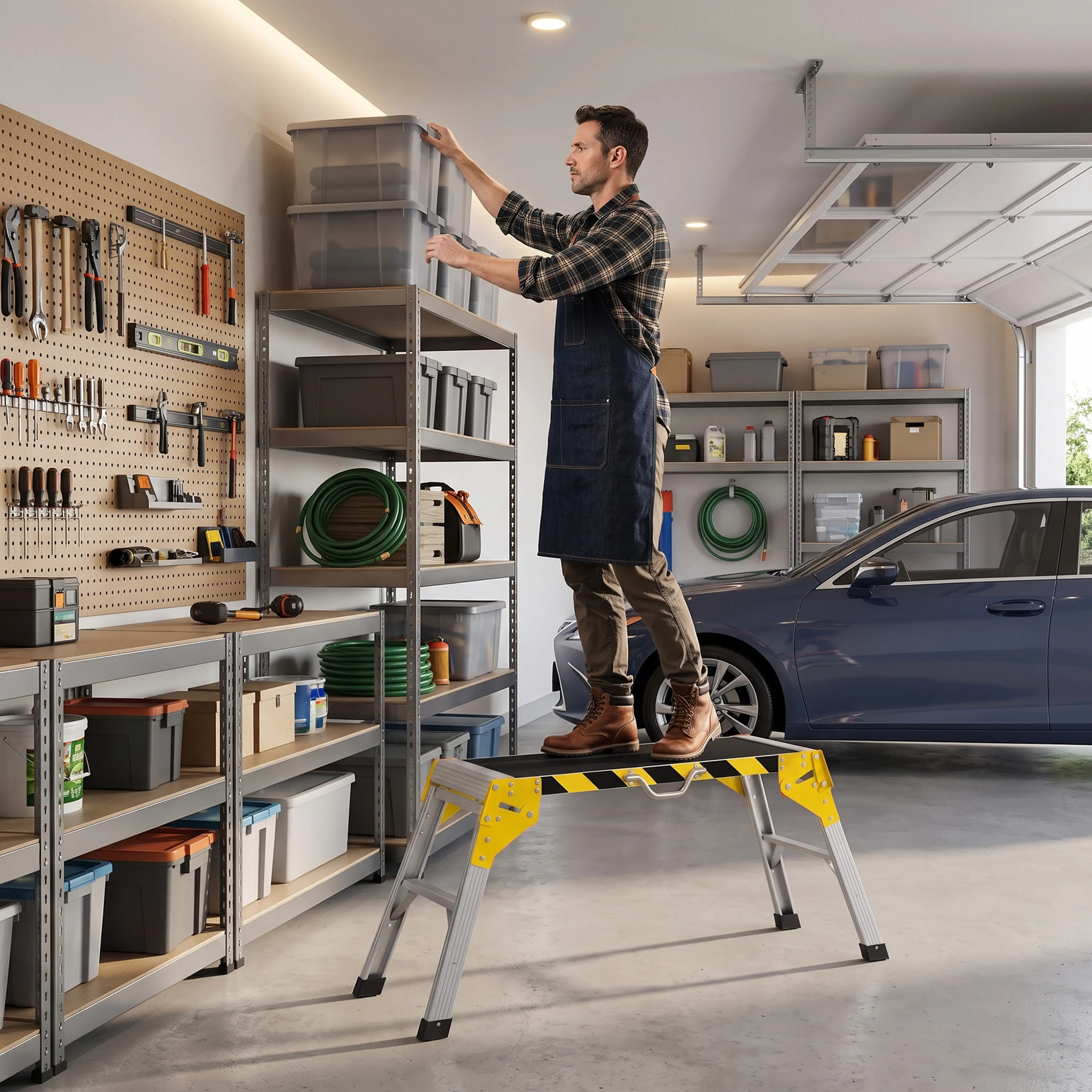 Man står på den hopfällbara arbetsplattformen i garaget och når övre hyllorna