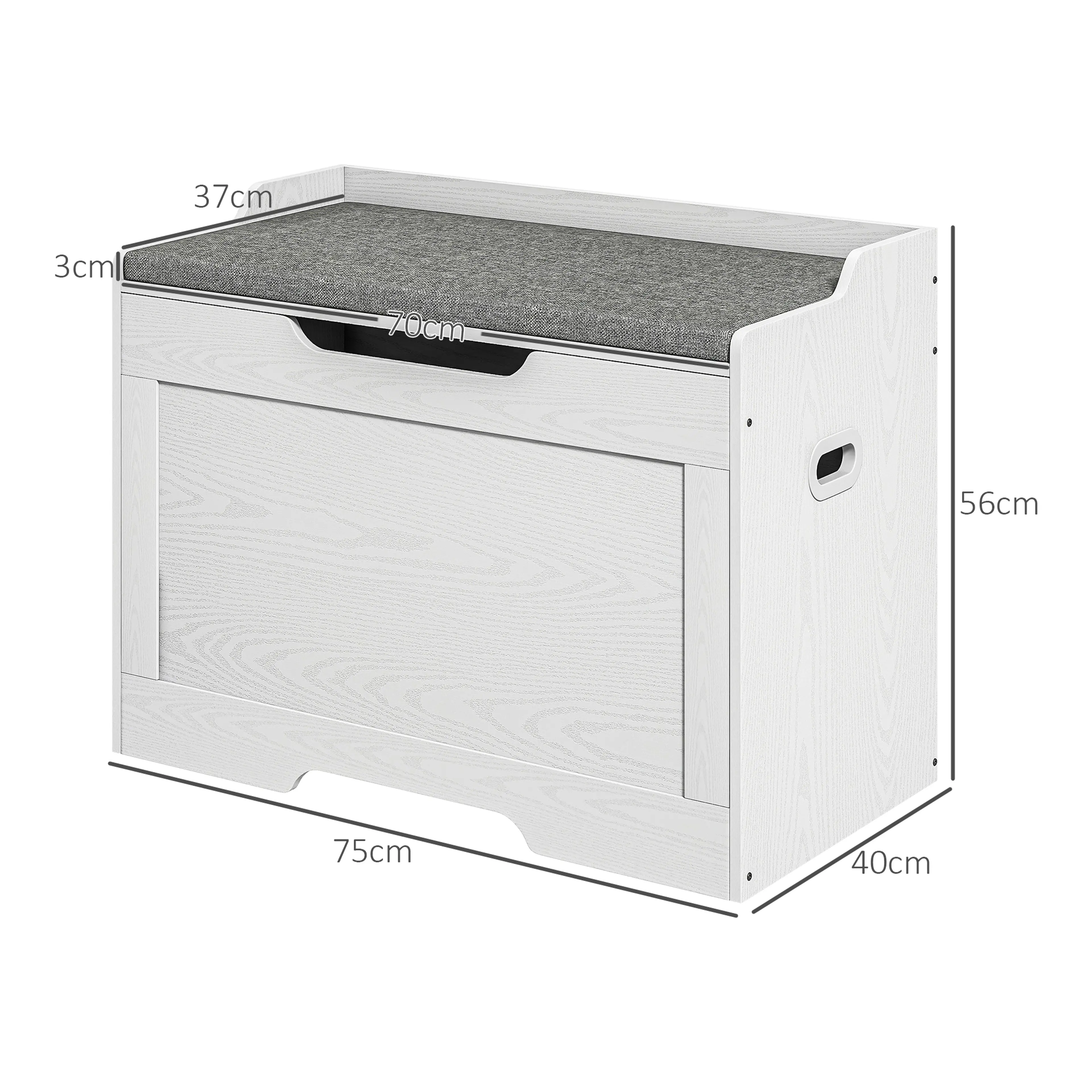 Måttritning av kistan: 75 cm bred, 40 cm djup och 56 cm hög