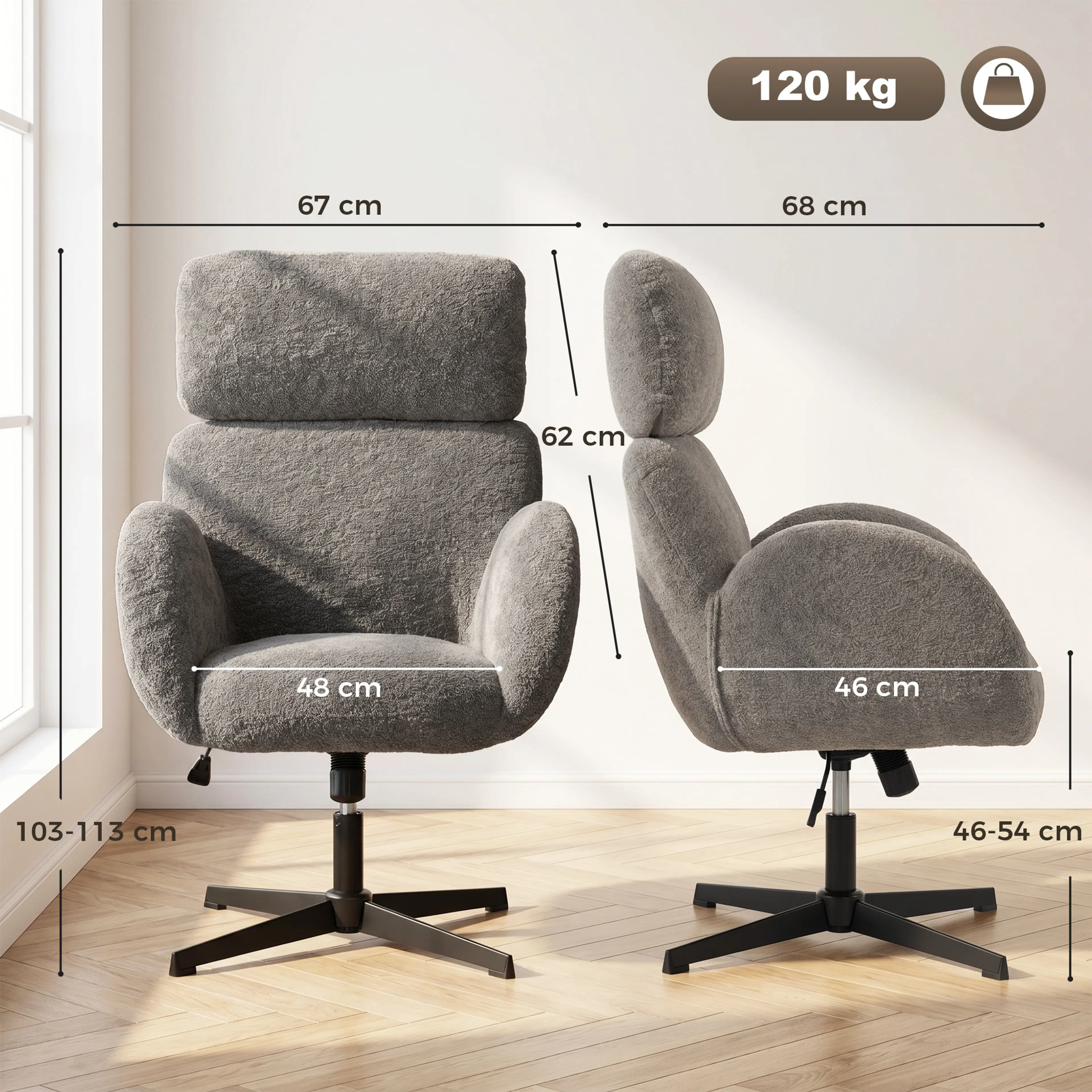 Snurrstol i grå väv på fast fot utan hjul, måttskiss med mått i centimeter och maxlast 120 kg