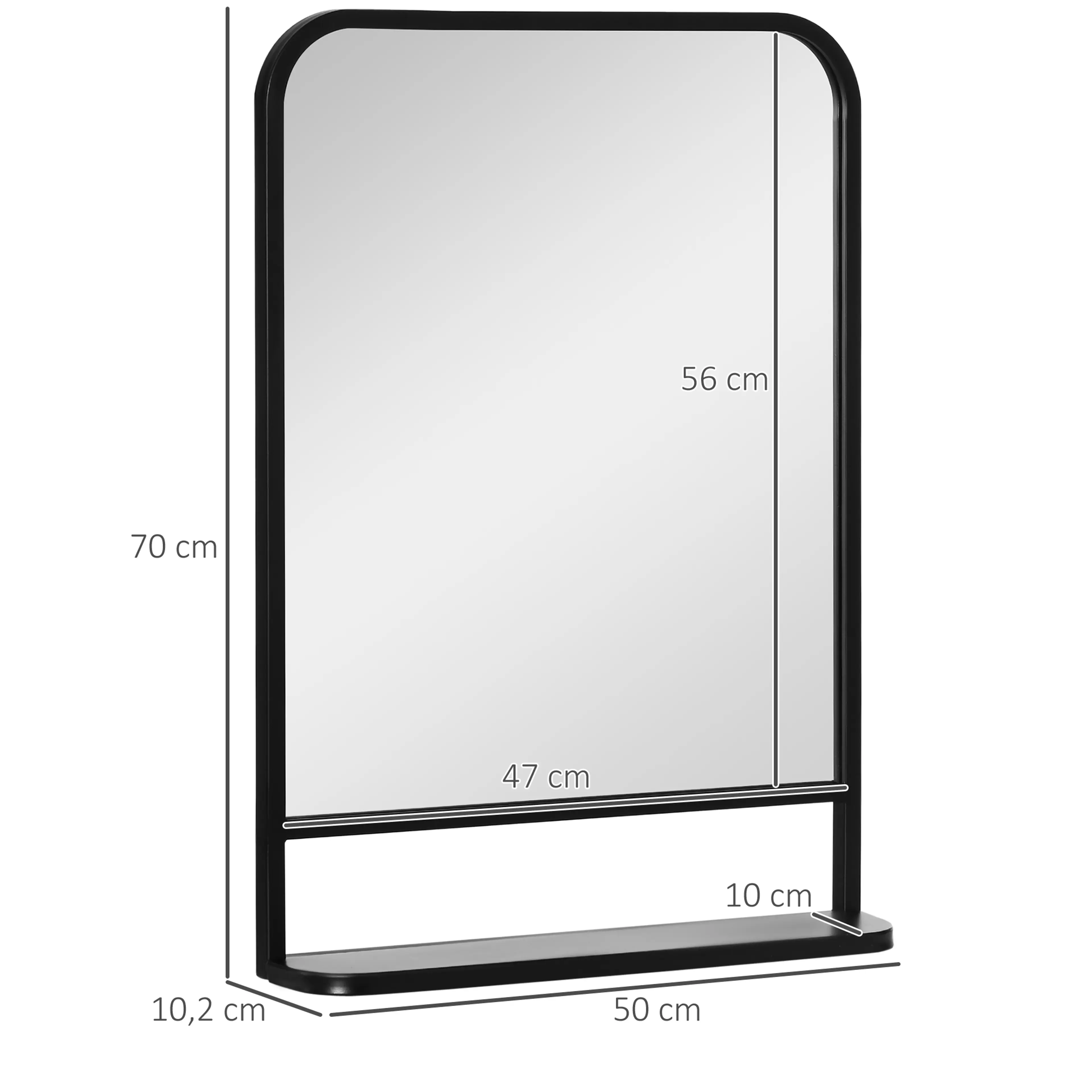 Måttbild: spegeln mäter 70 × 50 × 10,2 cm, med spegelglas 56 × 47 cm och en hylla på 50 × 10 cm