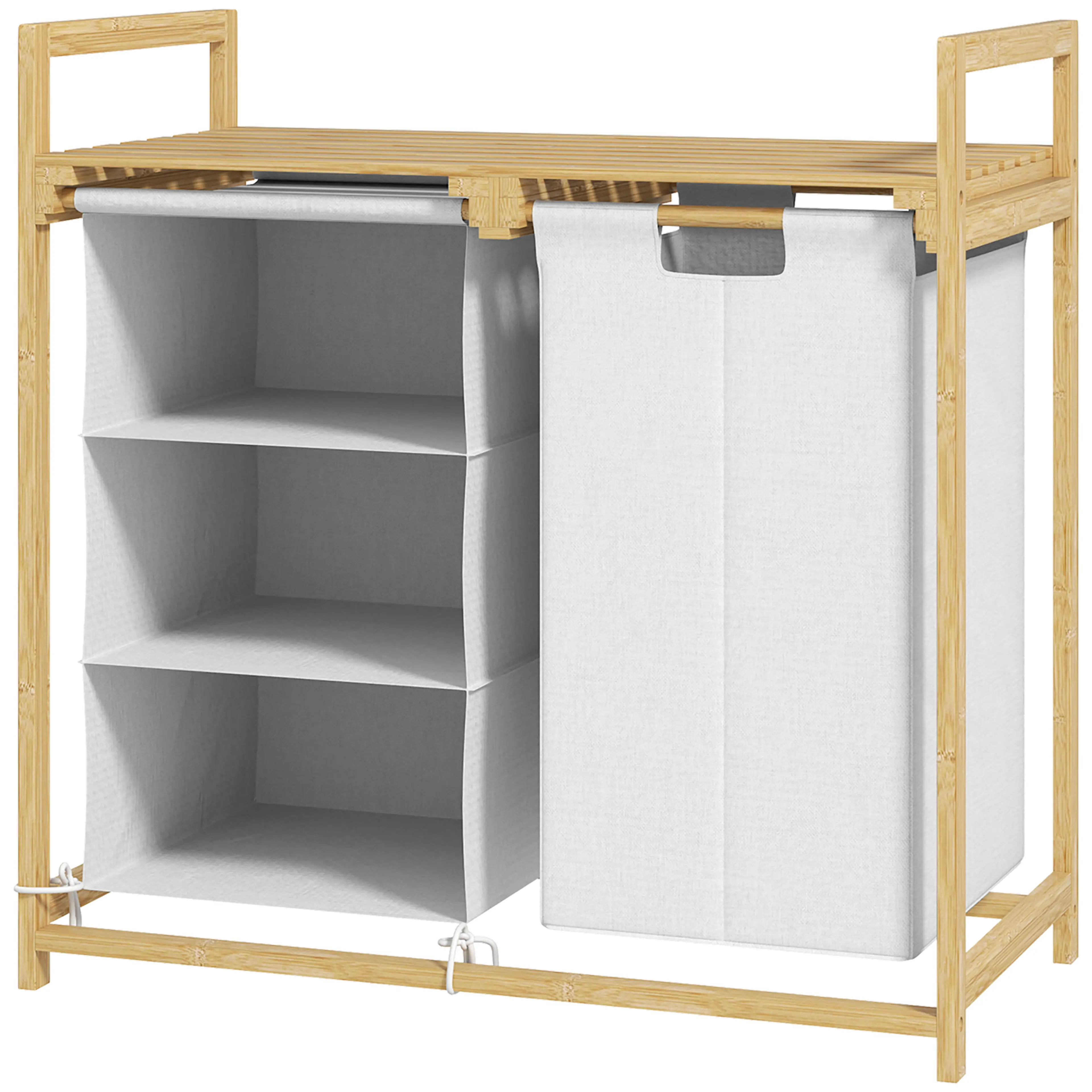 Tvättsorterare i bambu – tvättpåse och förvaring i tre fack, 70 × 36 × 70 cm