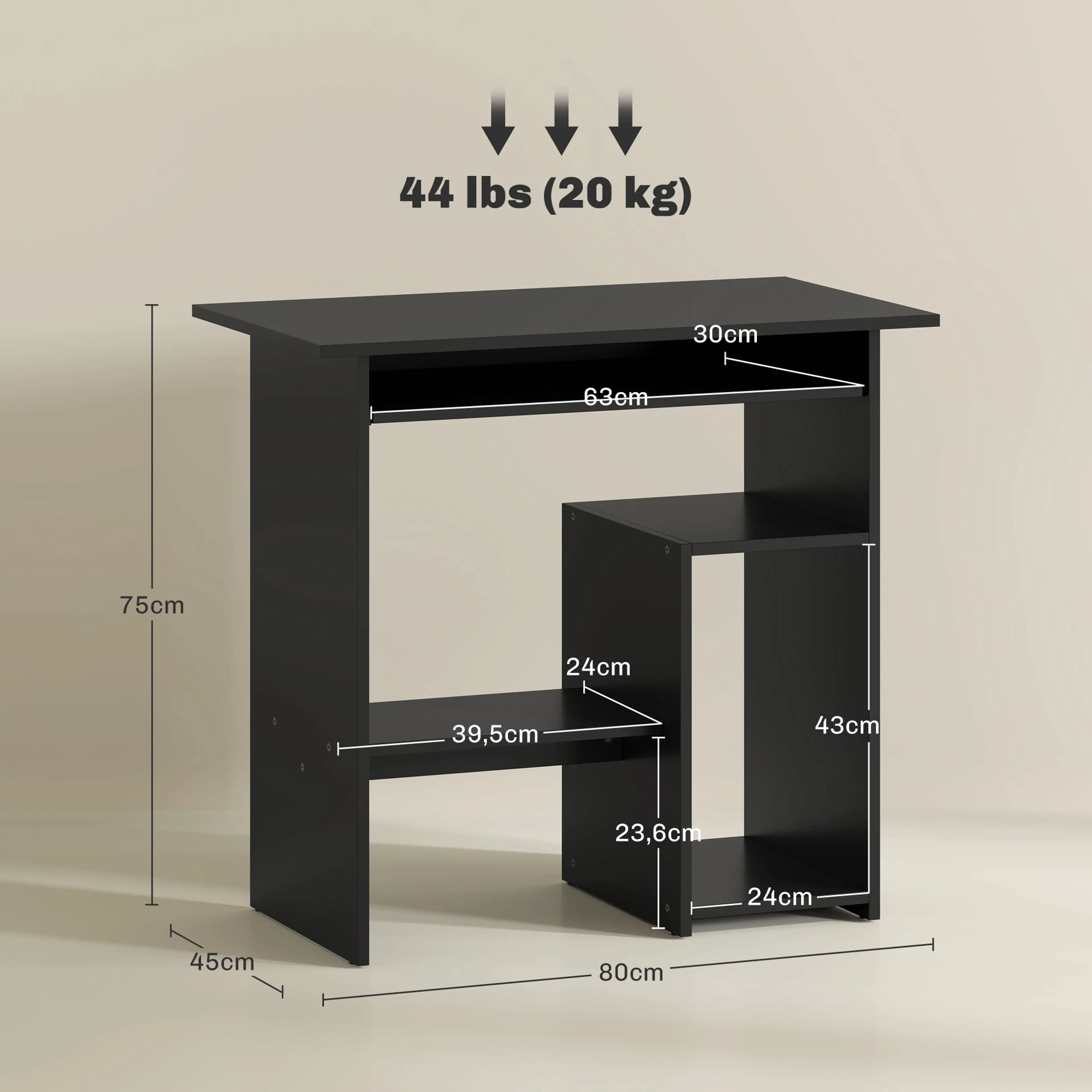 Måttbild: datorbordet är 80 × 45 × 75 cm och bär 20 kg
