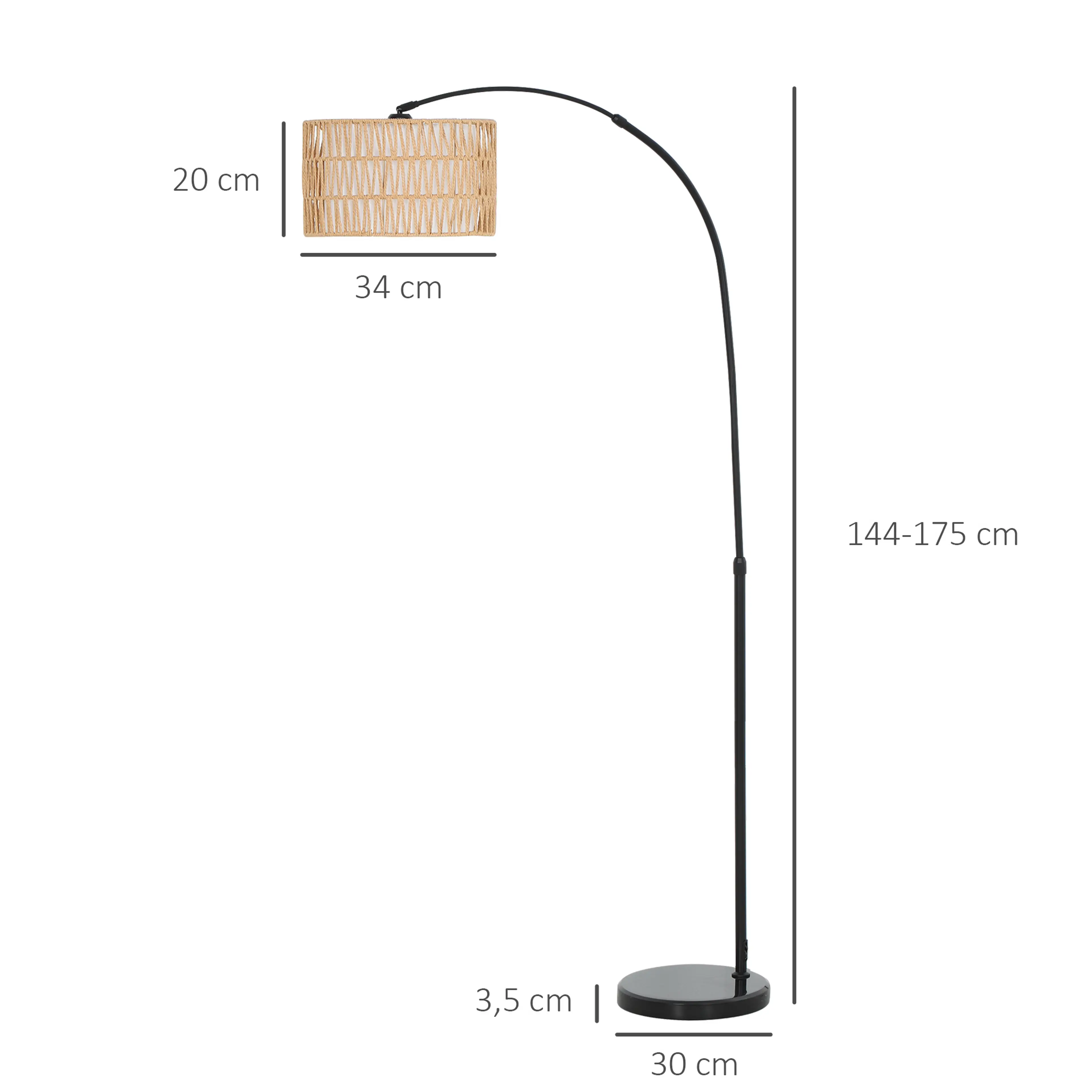 Måttskiss: skärmen Ø 34 × 20 cm, höjden 144–175 cm och marmorfoten Ø 30 cm