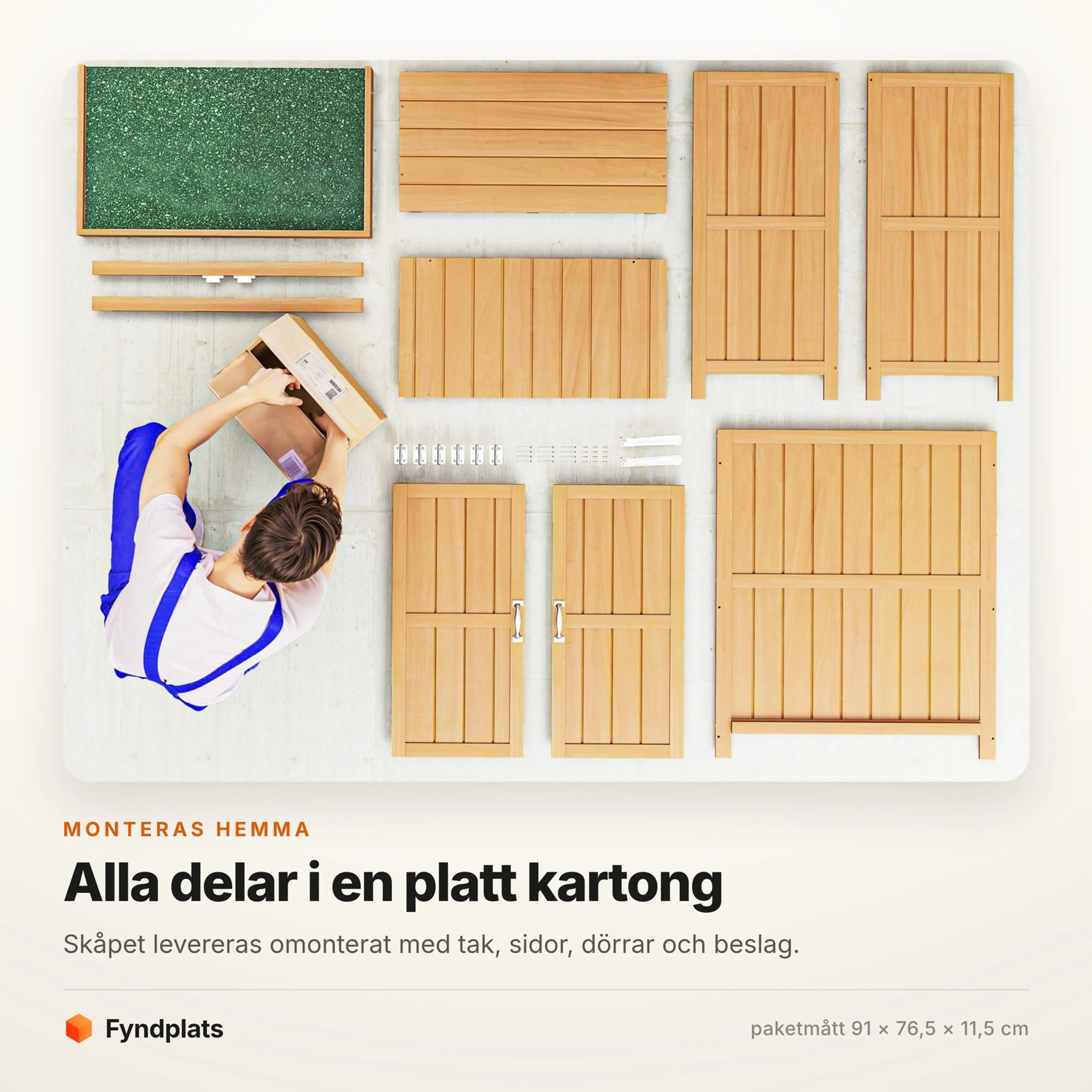 Alla delar till trädgårdsskåpet utlagda i en platt kartong före montering