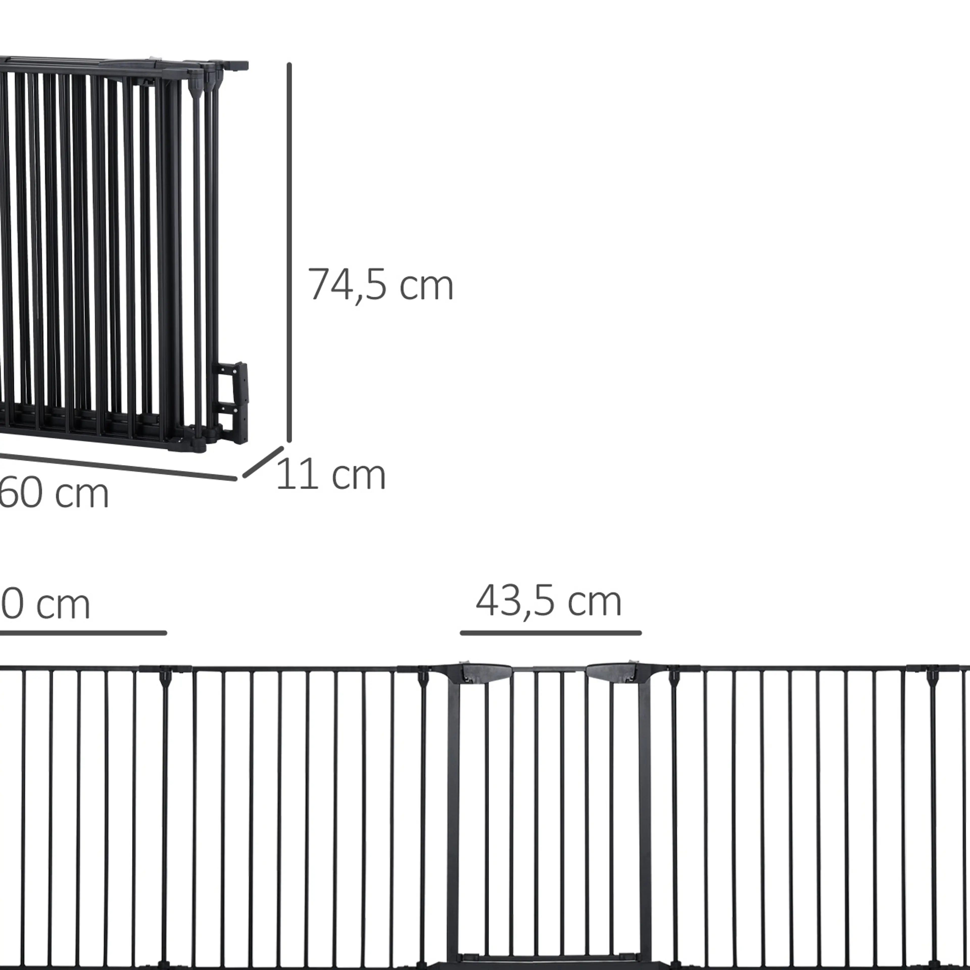 Måttskiss: paneler à 60 cm, höjd 74,5 cm, dörr 43,5 cm, hopfälld 11 cm