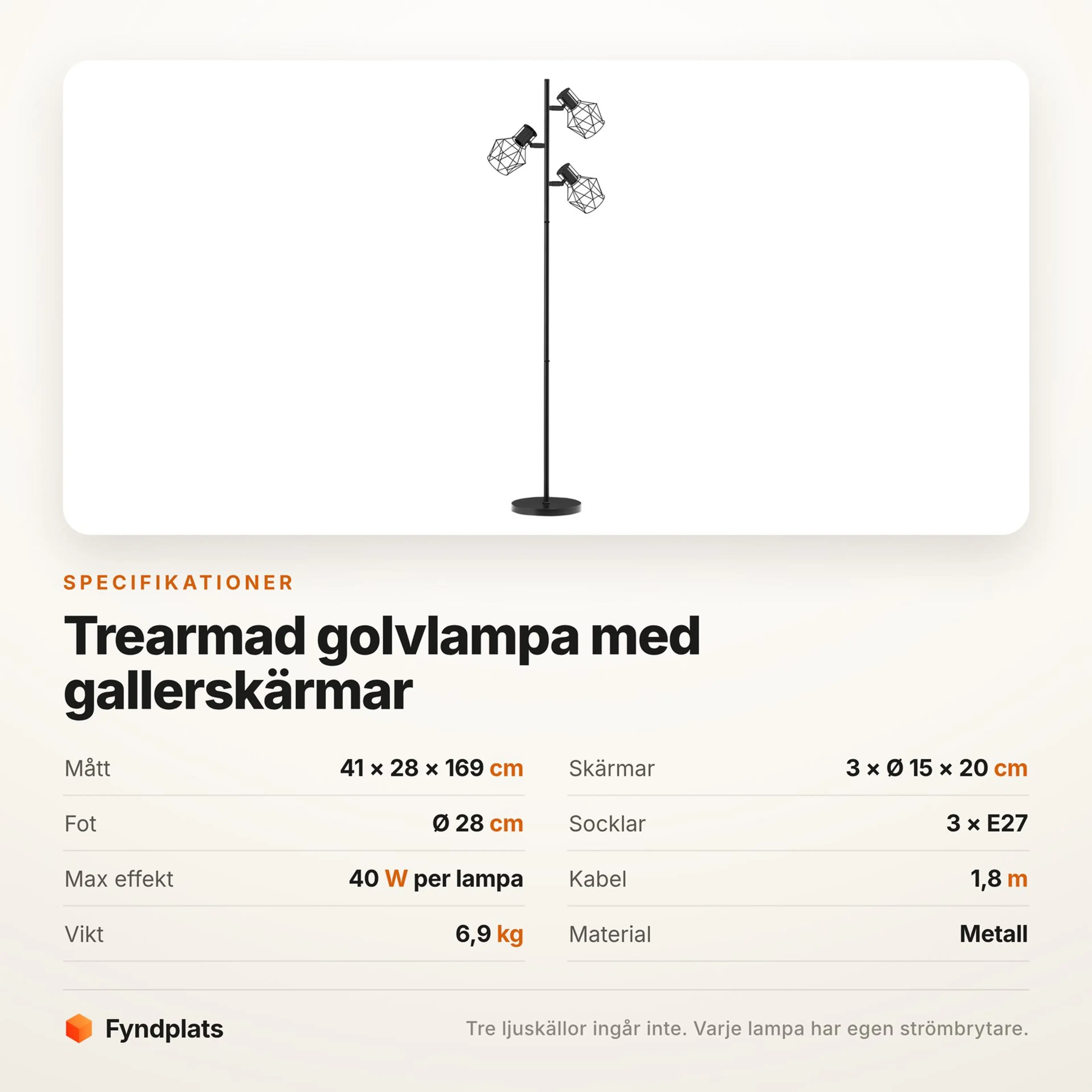 Fyndplats specifikationskort med lampans mått, socklar och maxeffekt