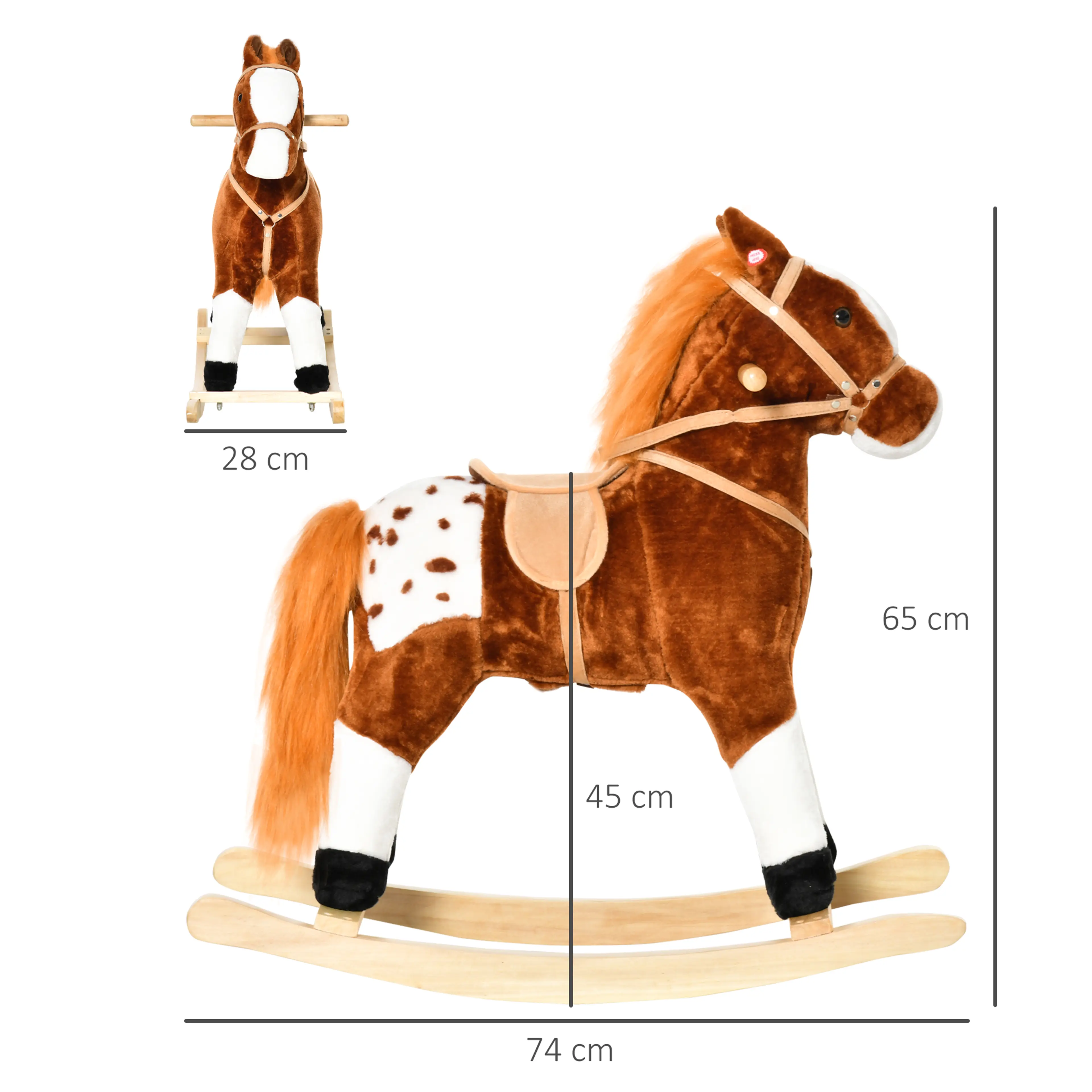 Måttskiss på gunghästen: 74 cm lång, 28 cm bred, 65 cm hög och 45 cm sitshöjd