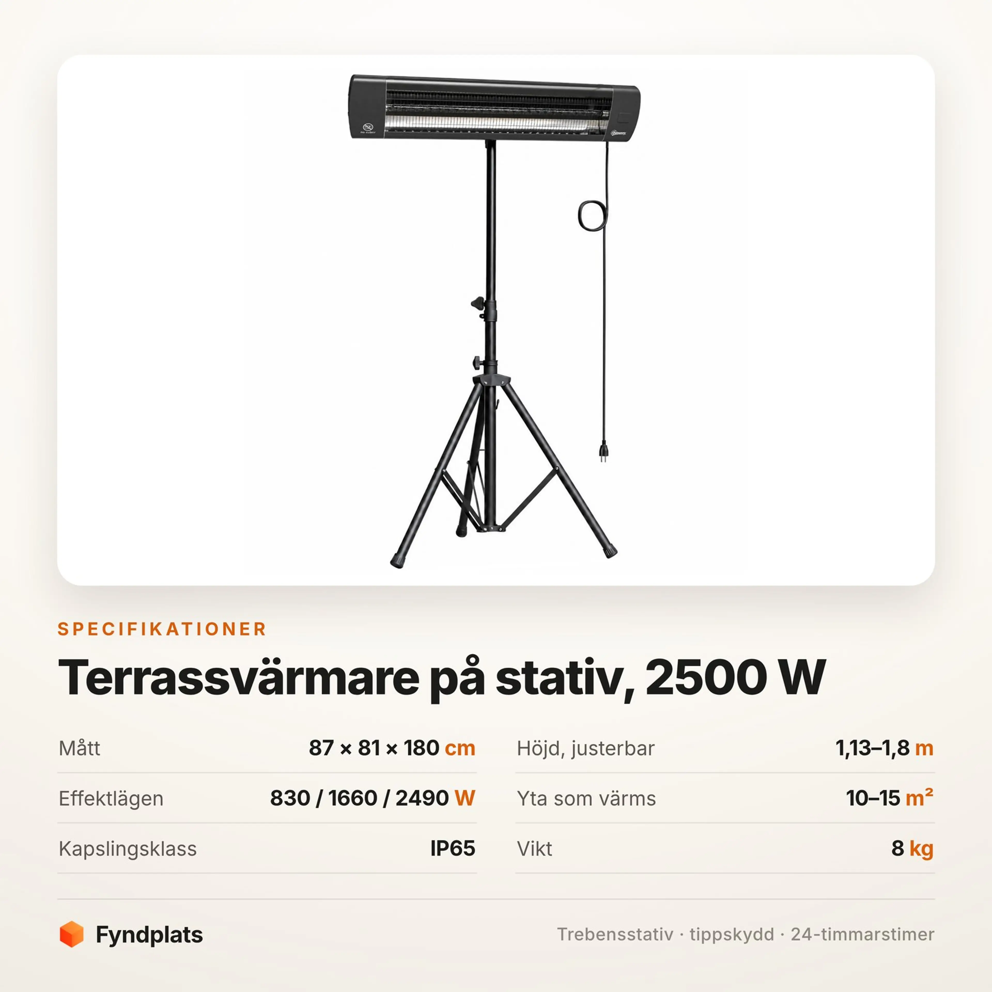 Specifikationskort för terrassvärmaren på stativ: 2500 W, tre effektlägen och höjd 1,13–1,8 m