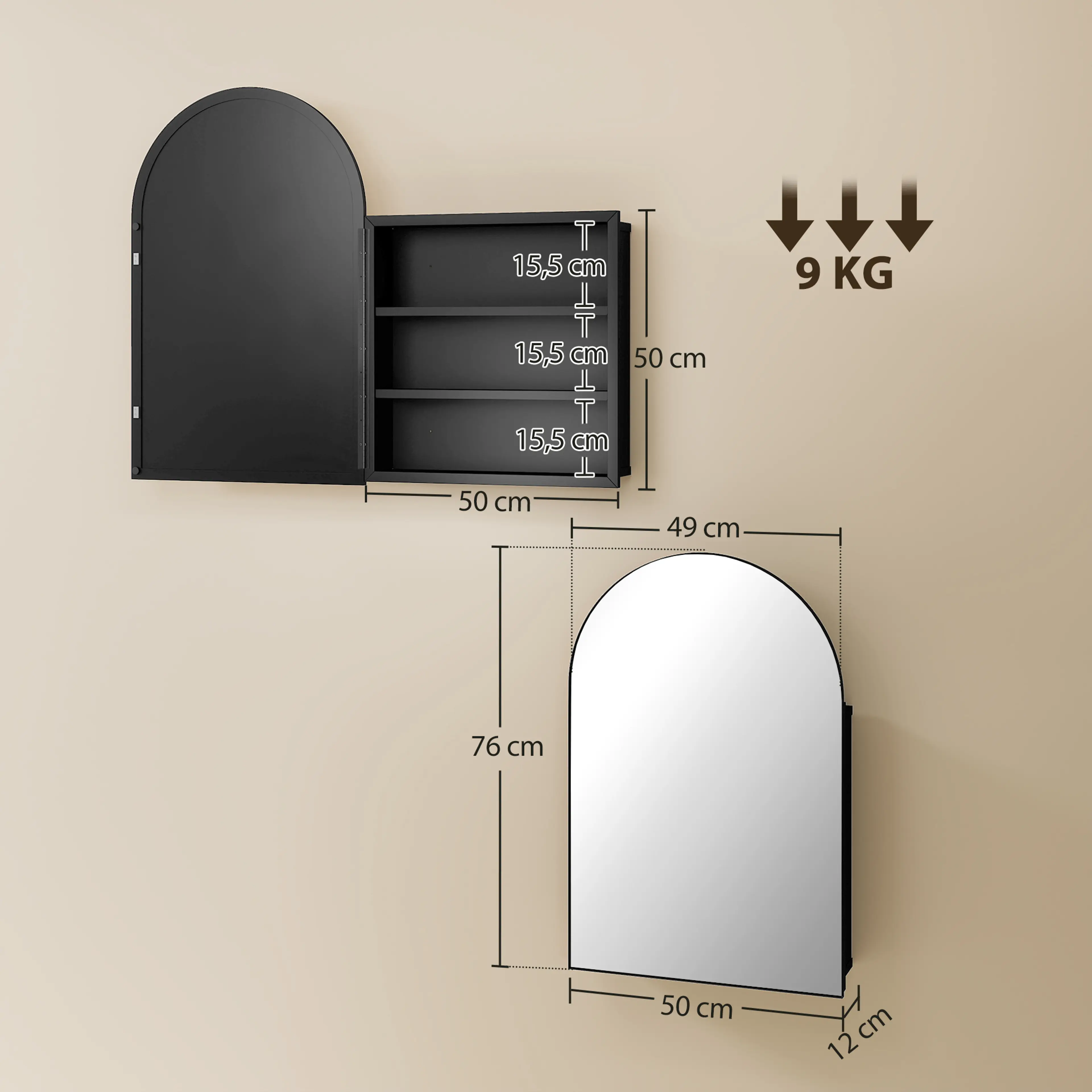 Spegelskåp bågformat 50 × 76 cm – svart metall – bild 7