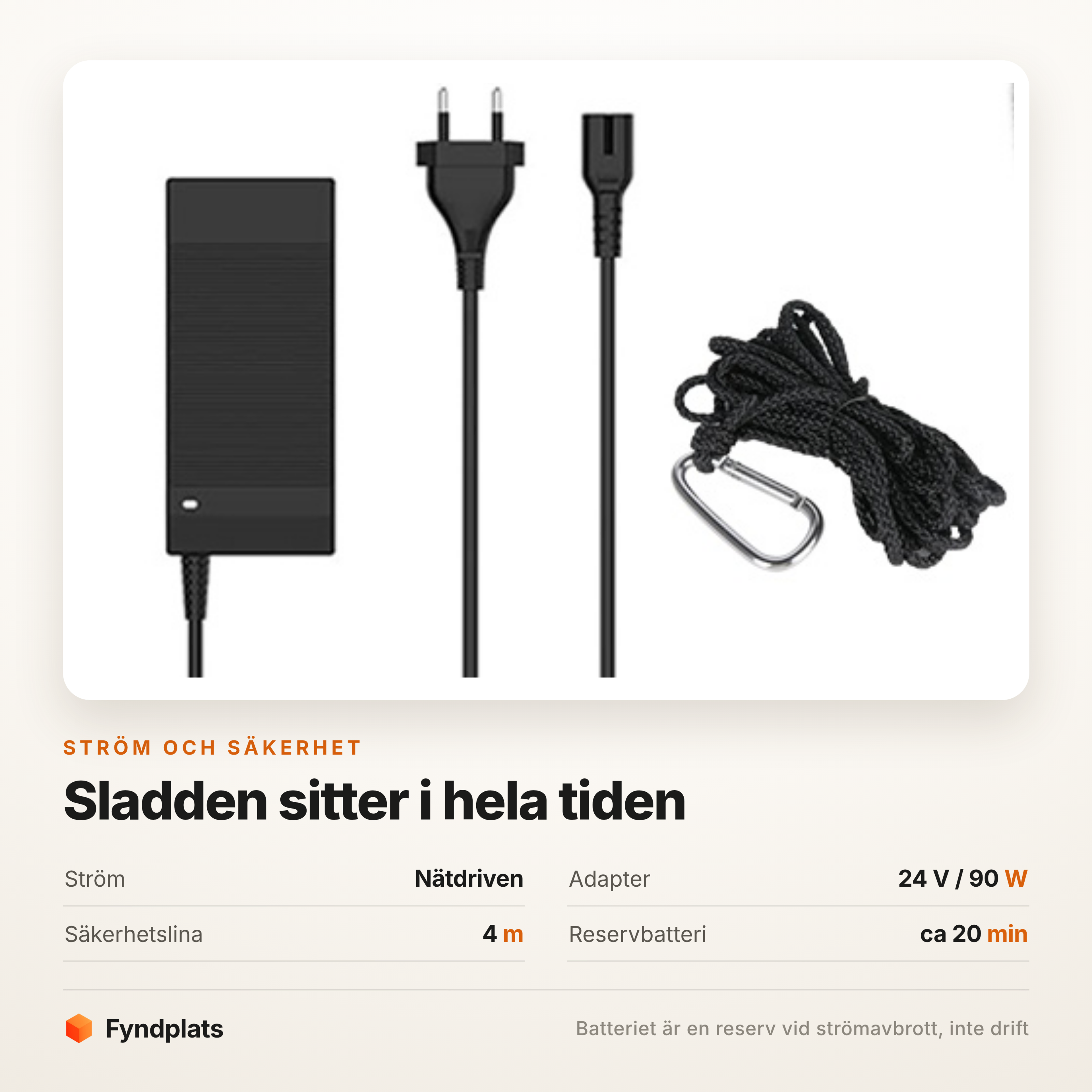 Adapter, nätkabel och 4 meter säkerhetslina med karbinhake