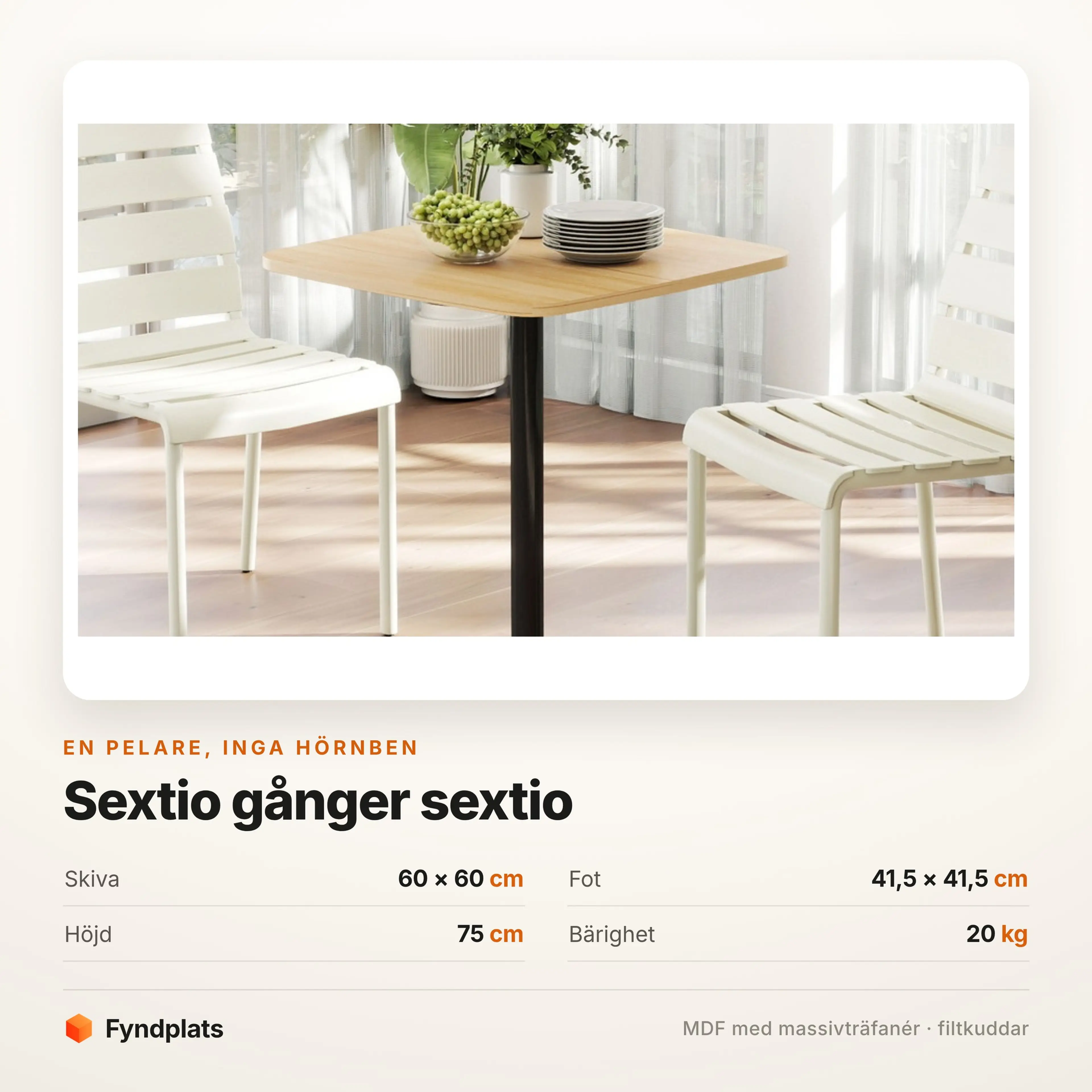 Fyndplats faktakort: skiva 60 × 60 cm, fot 41,5 × 41,5 cm, höjd 75 cm, bärighet 20 kg