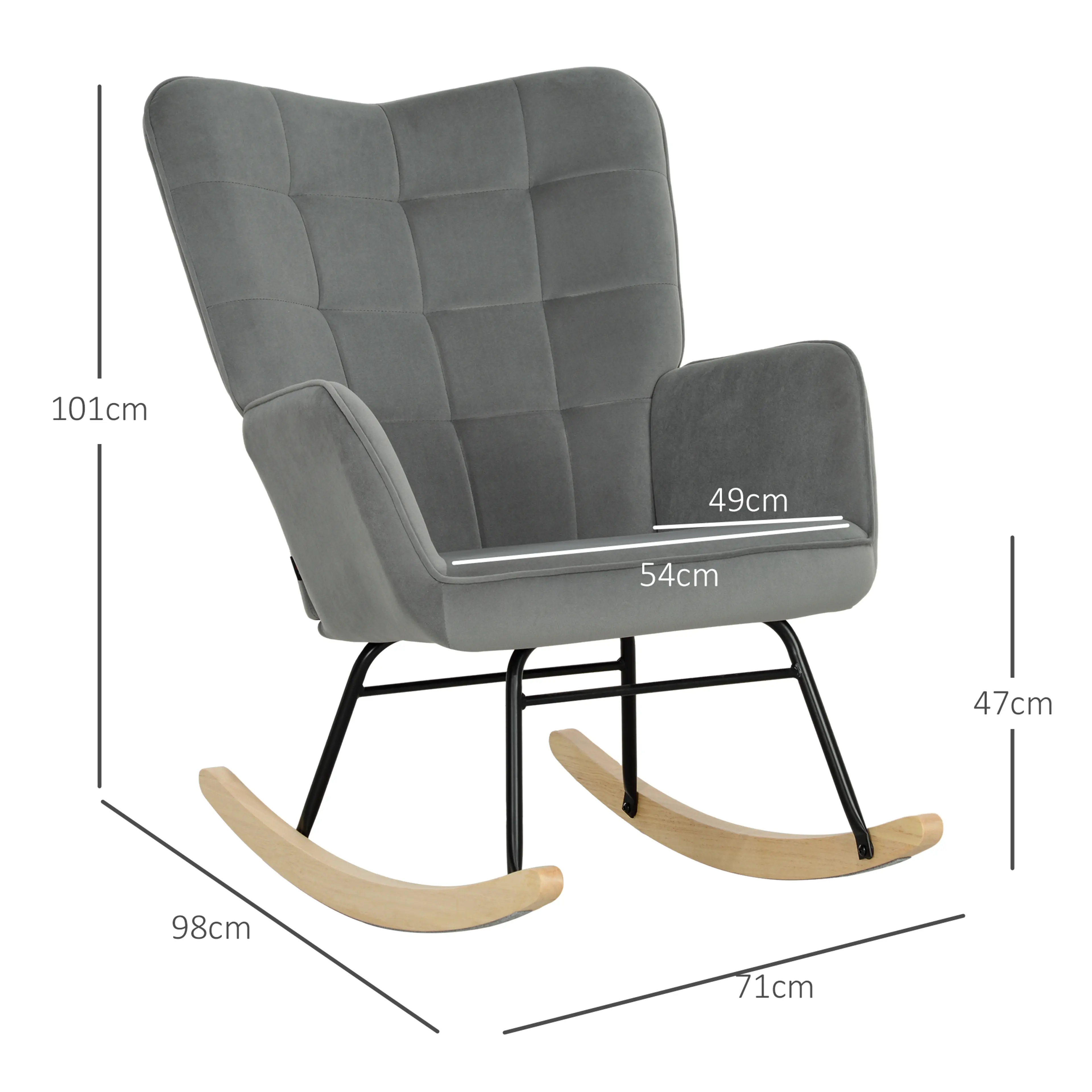 Måttskiss: 98 × 71 cm golvyta, 101 cm höjd och 47 cm sitthöjd