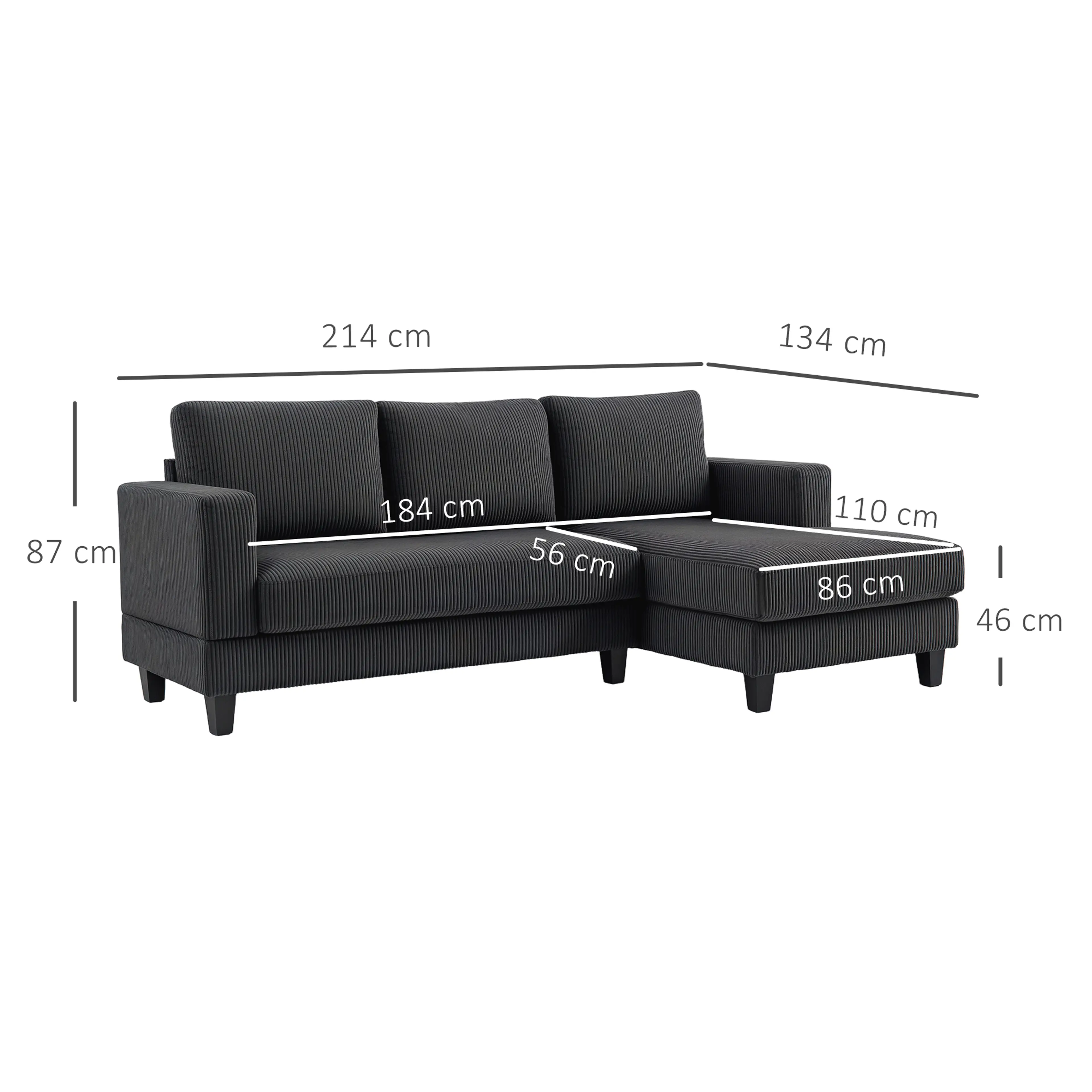 Hörnsoffa mörkgrå 214 cm i manchester – schäslong 110 cm, bär 400 kg – bild 4