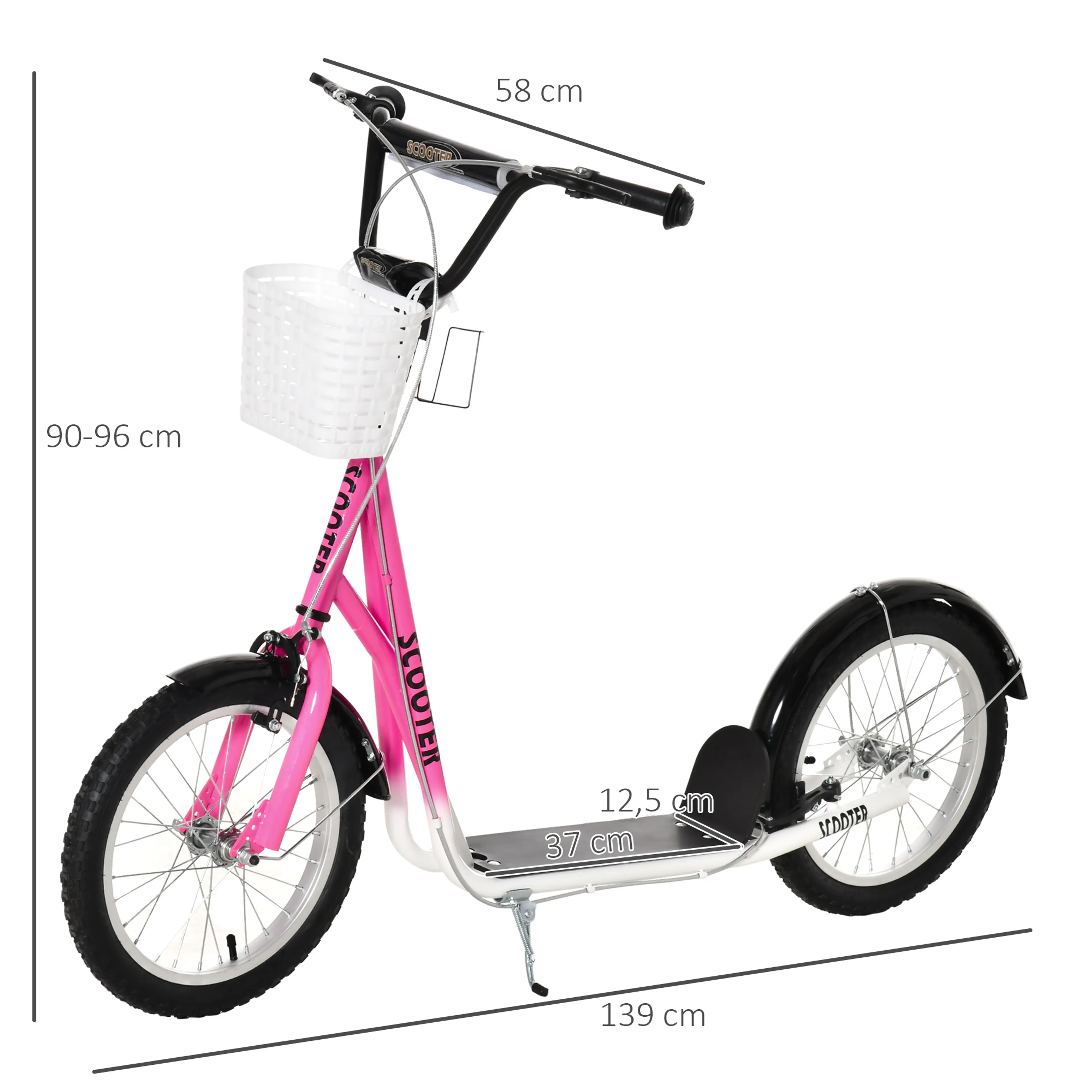 Måttritning för rosa sparkcykel med korg: 139 × 58 cm och styre 90–96 cm