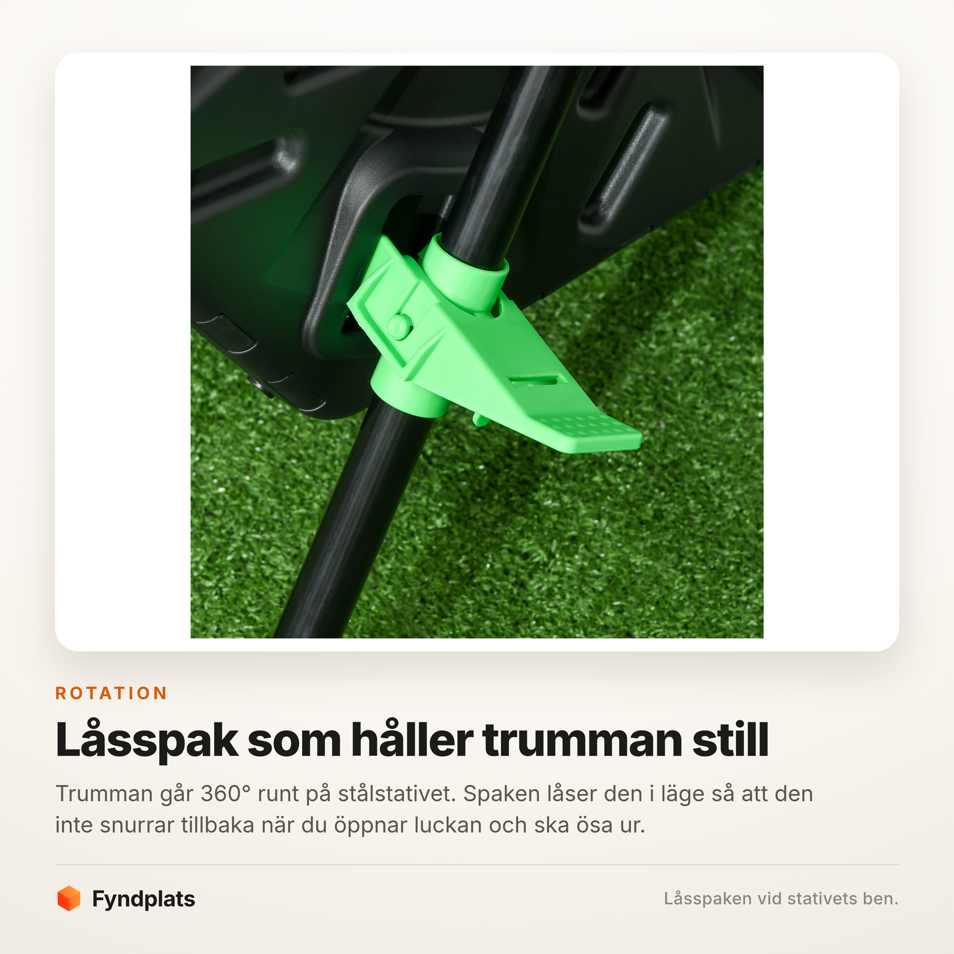 Närbild på den gröna låsspaken vid stativets ben