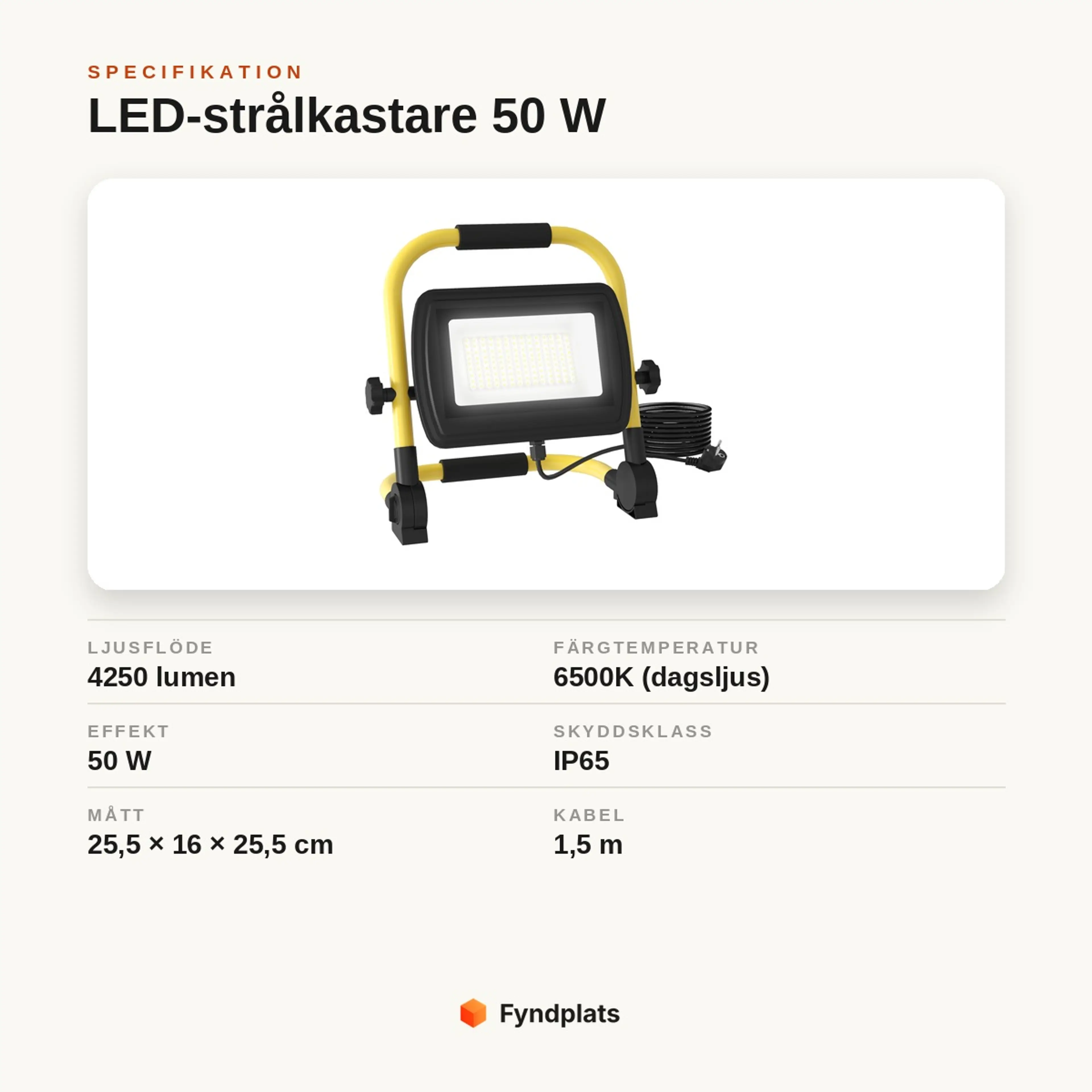 Specifikationskort: LED-strålkastare 50 W med 4250 lumen, 6500K dagsljus, IP65 och 1,5 m kabel