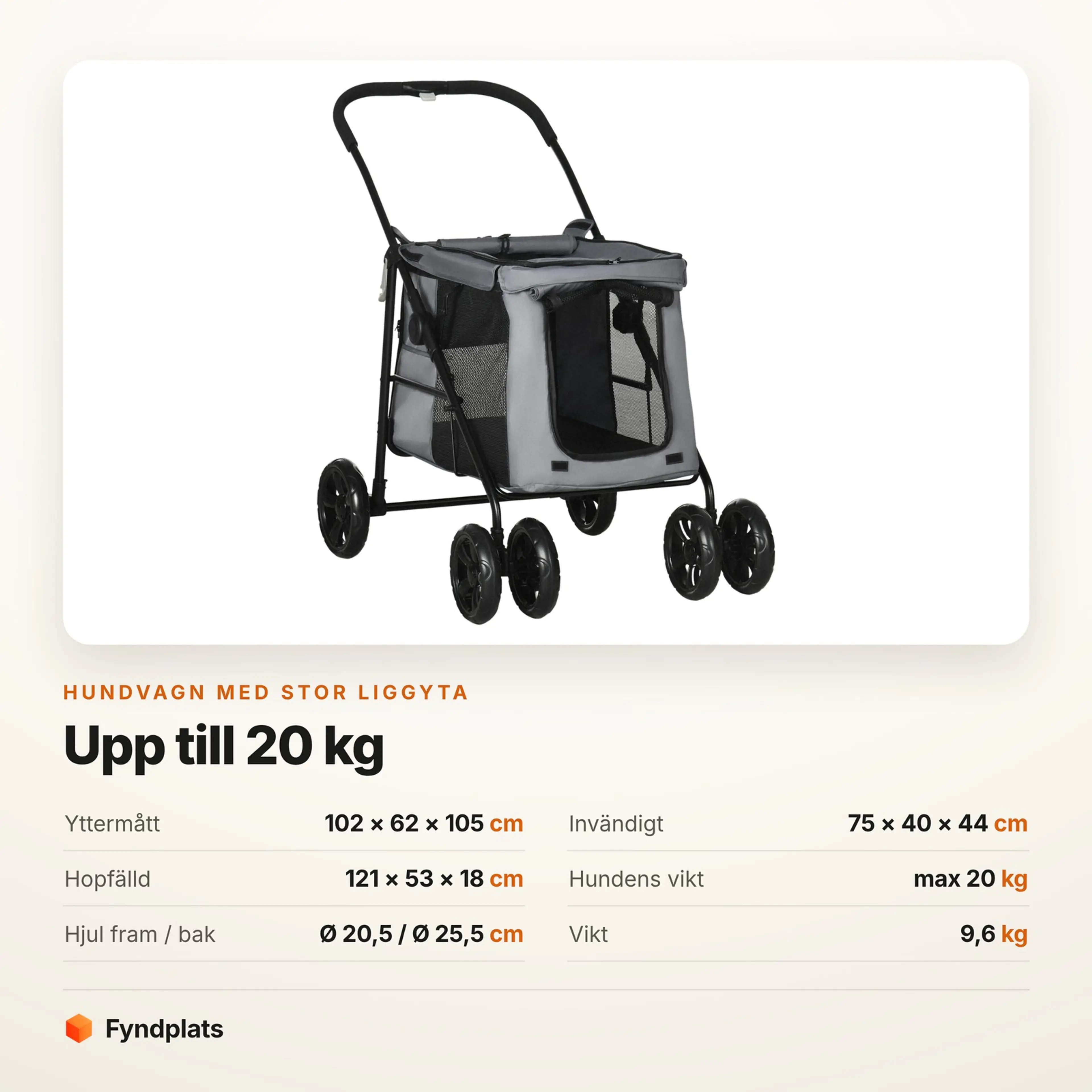 Fyndplats-kort med mått och vikt för hundvagnen med 75 cm liggyta