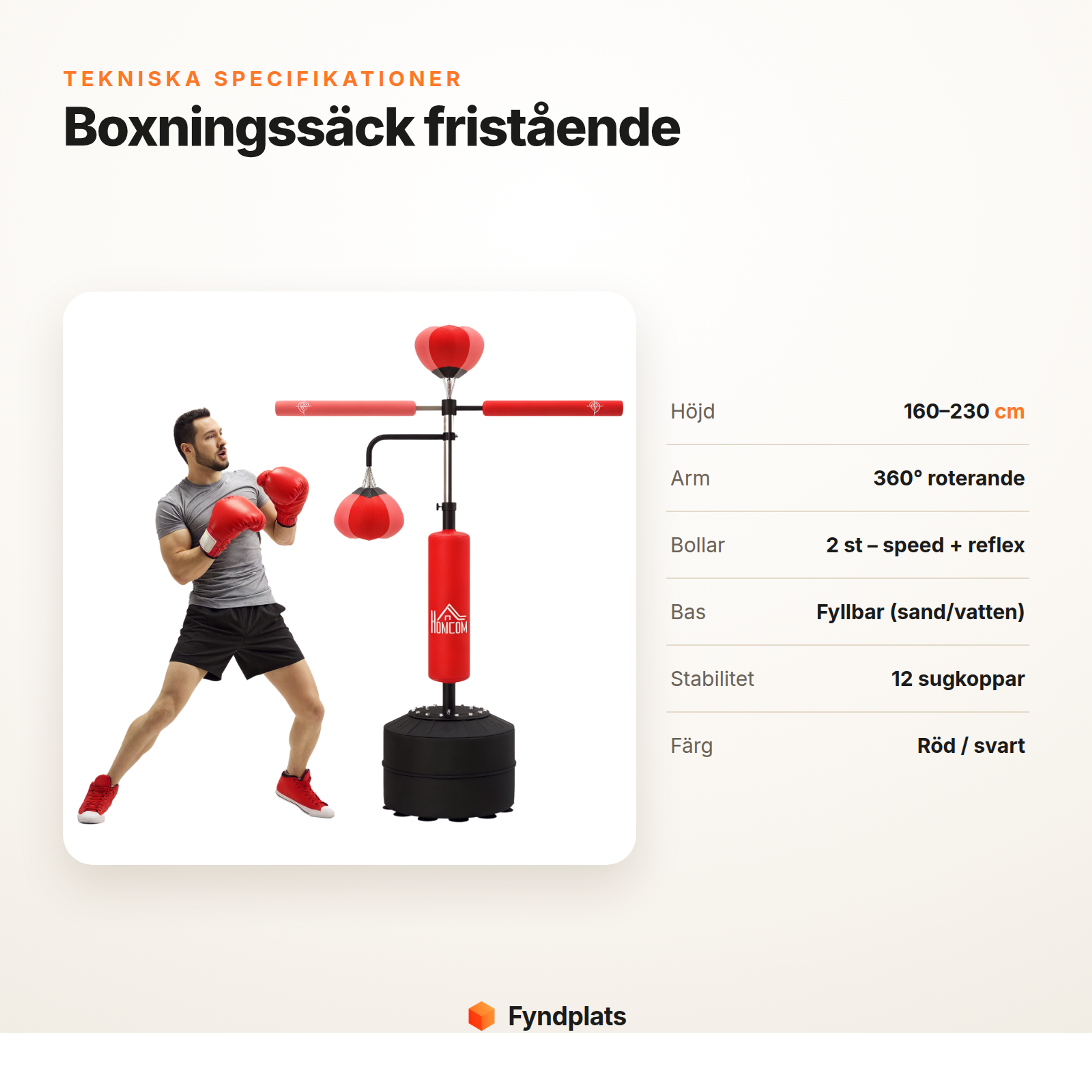Specifikationer för boxningssäck: höjd 160–230 cm, 360° roterande arm, två bollar och fyllbar bas