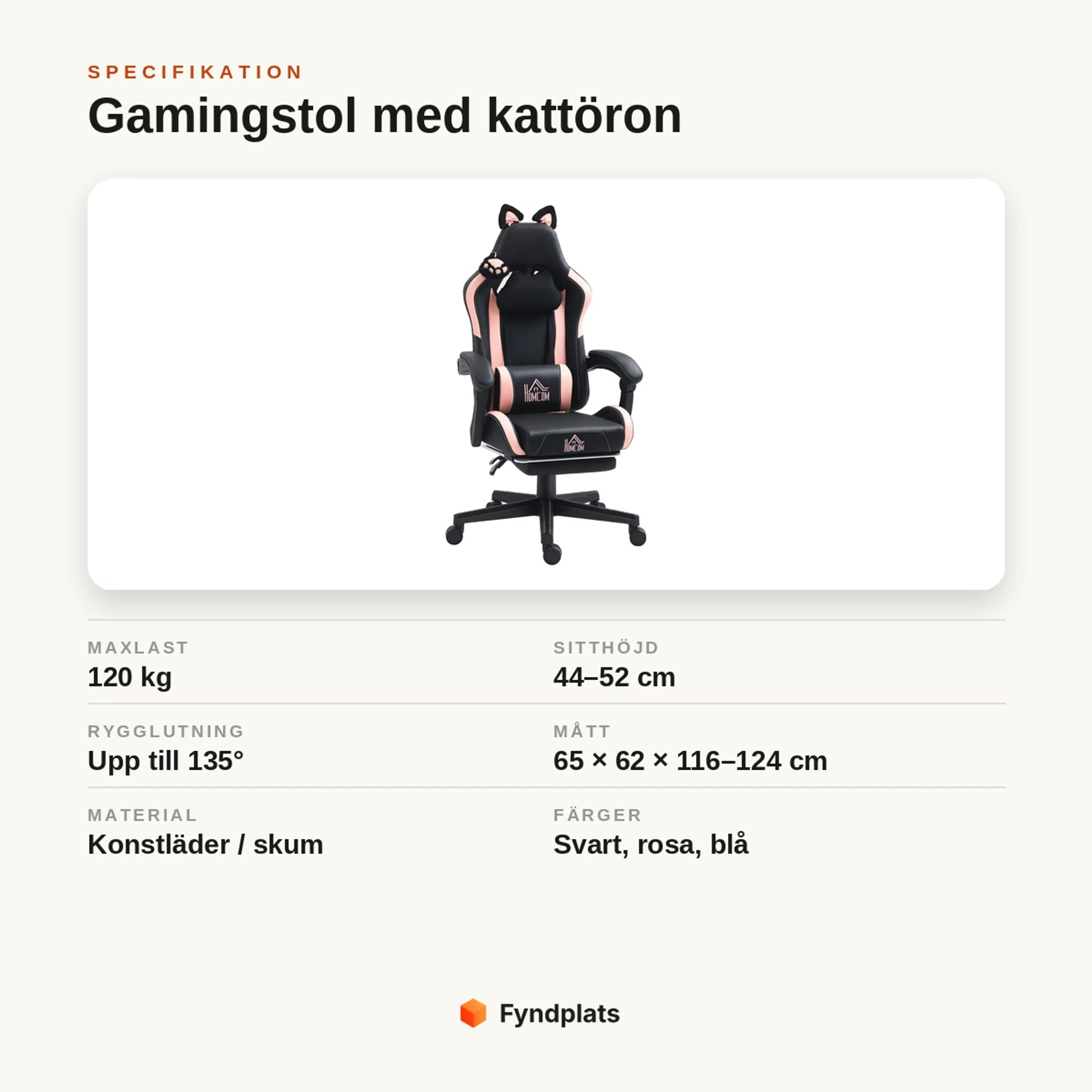 Gamingstol med fotstöd och kattöron – justerbar, max 120 kg