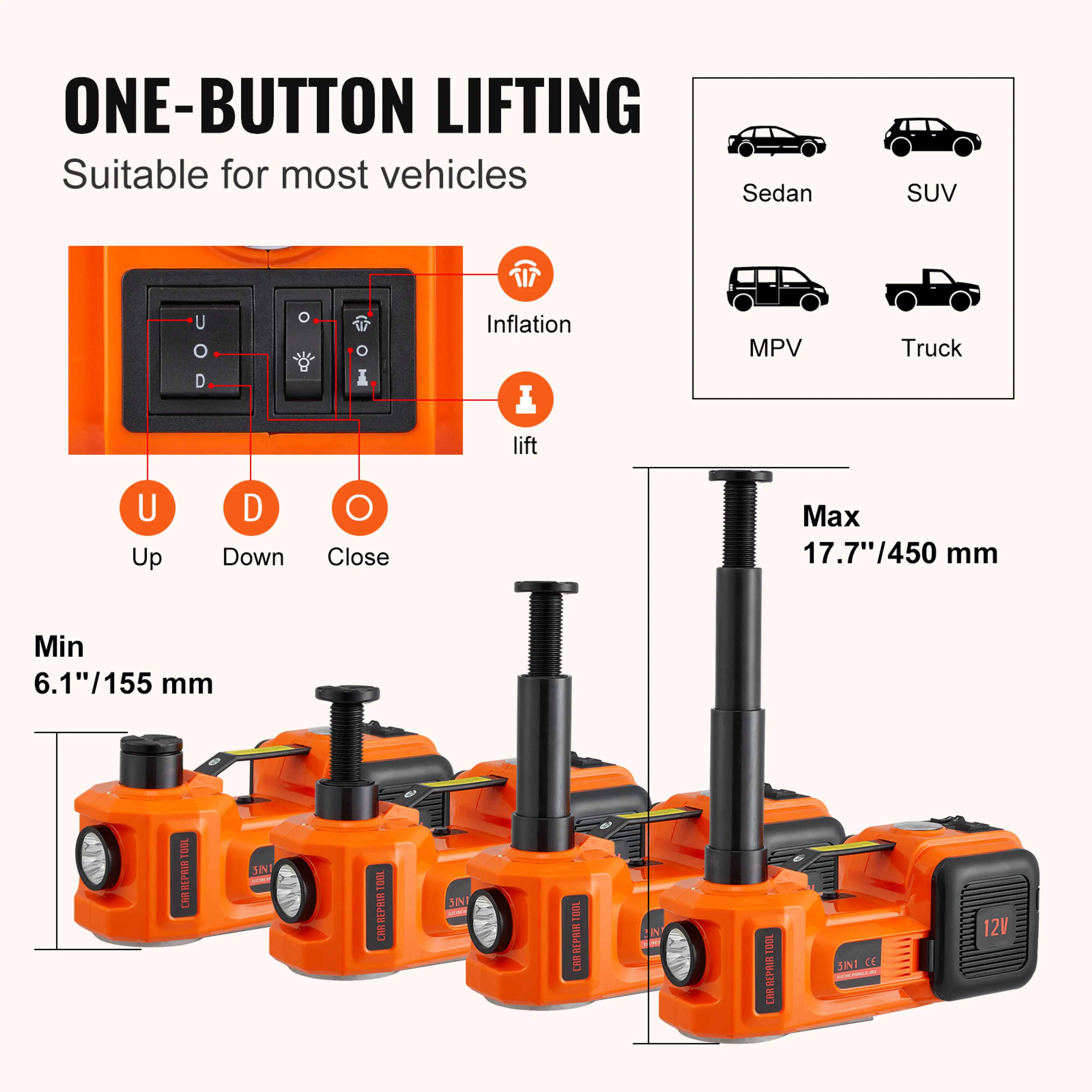 Elektrisk domkraft 12V för bil – 5 ton, hydraulisk med däckpump och LED