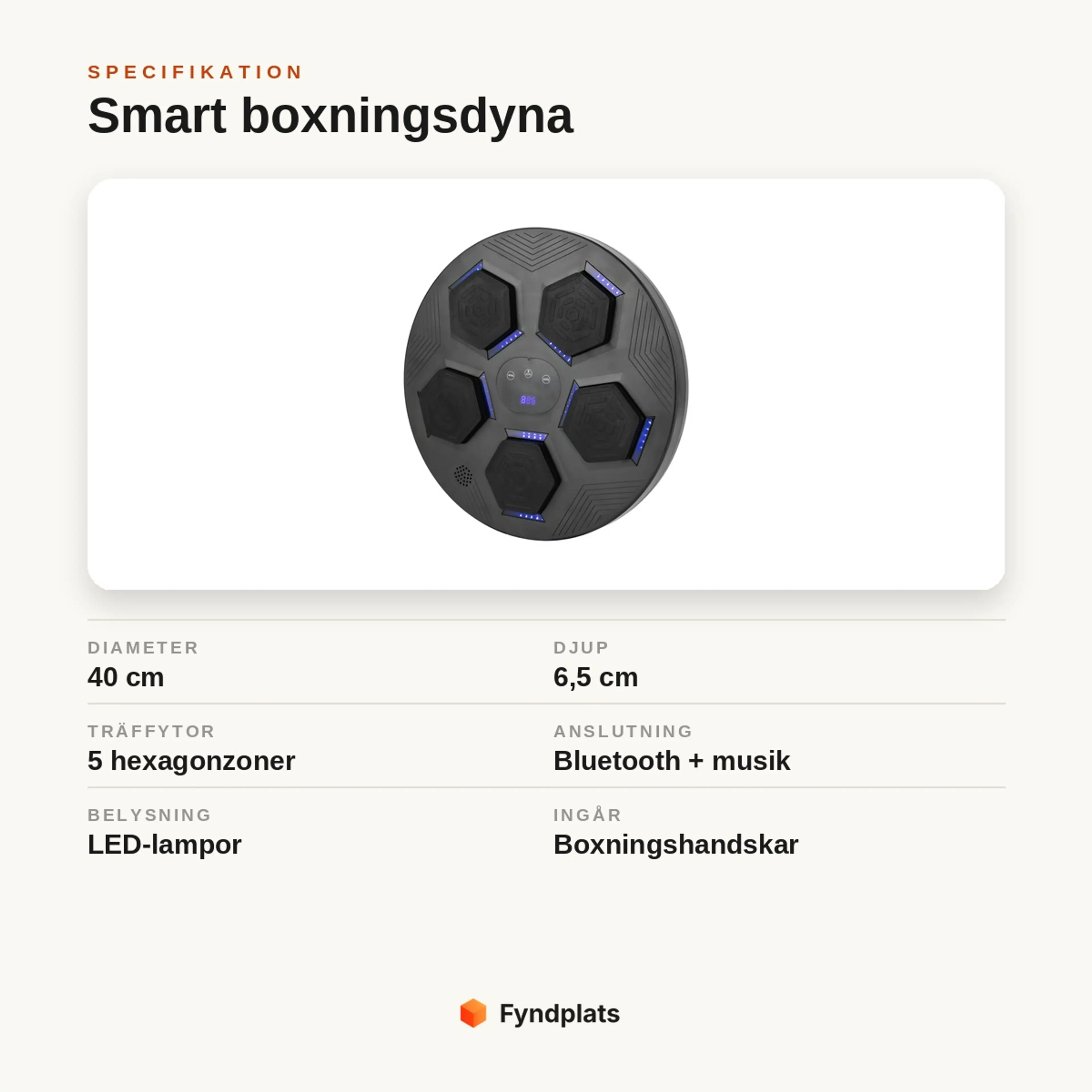 Specifikation: smart boxningsdyna Ø40 cm, 5 hexagonzoner, Bluetooth och musik, LED och handskar ingår
