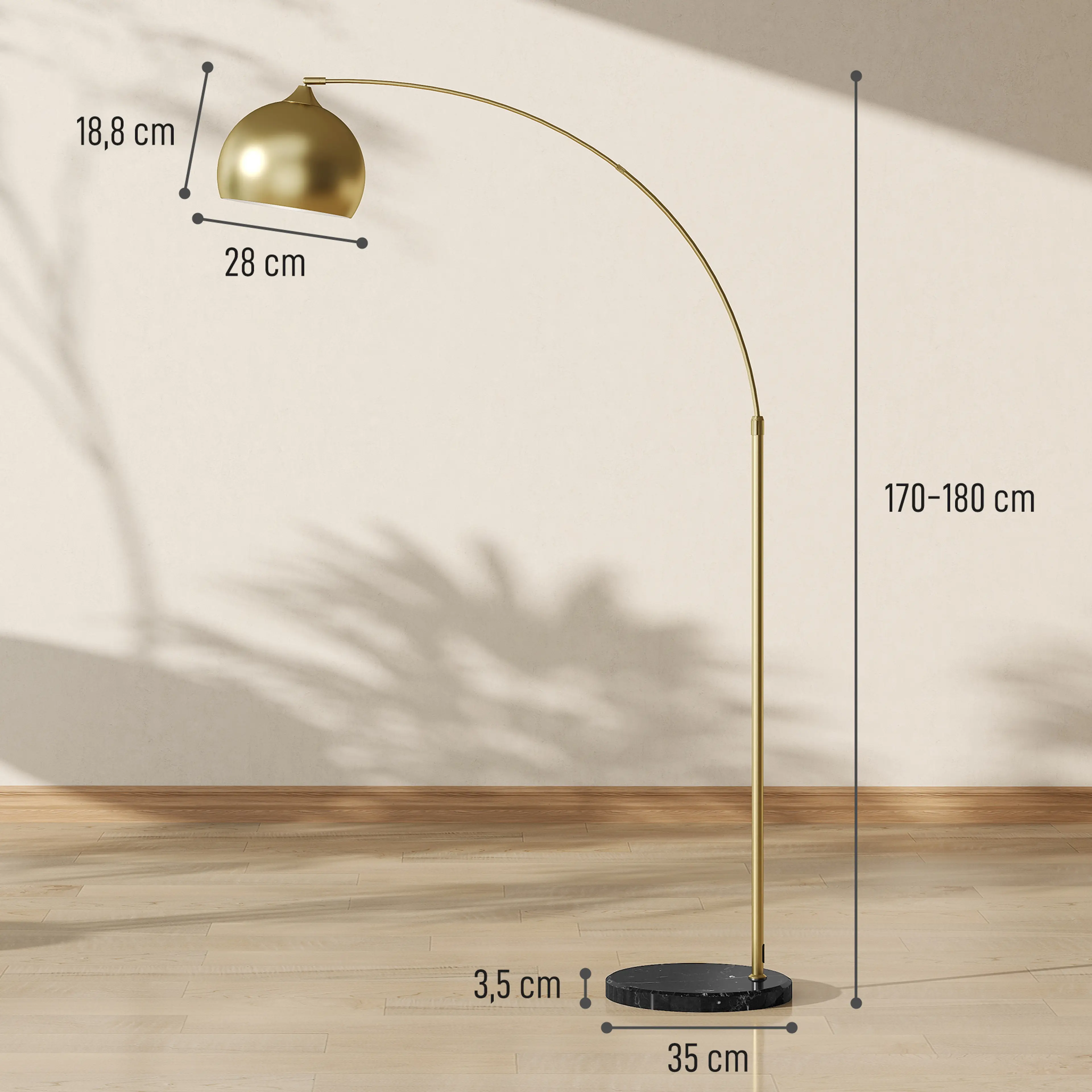 Måttskiss på båglampan: höjd 170–180 cm, skärm ø 28 cm, fot ø 35 cm