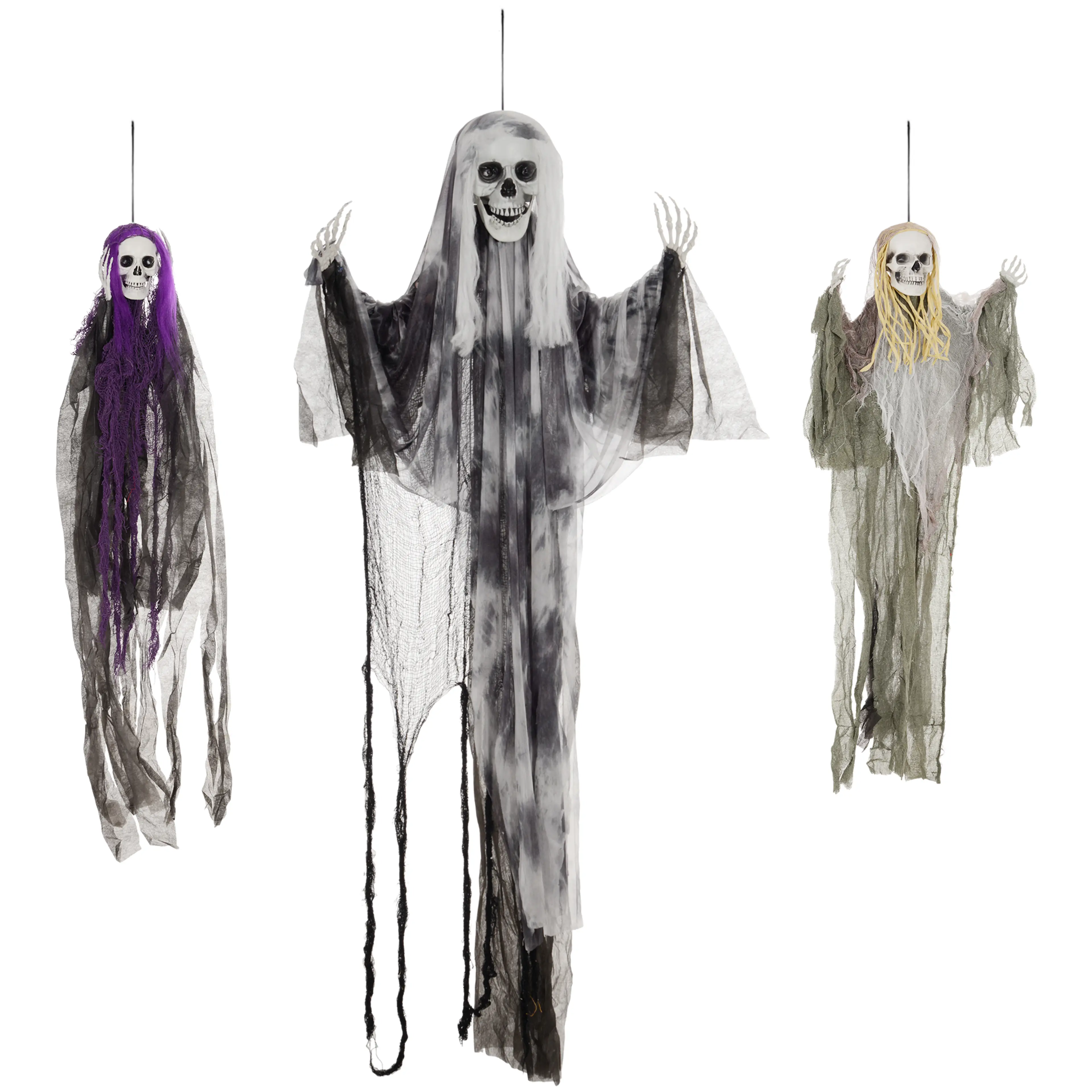 Tre hängande skelettspöken för halloween med lila, grått och blont hår, på vit bakgrund