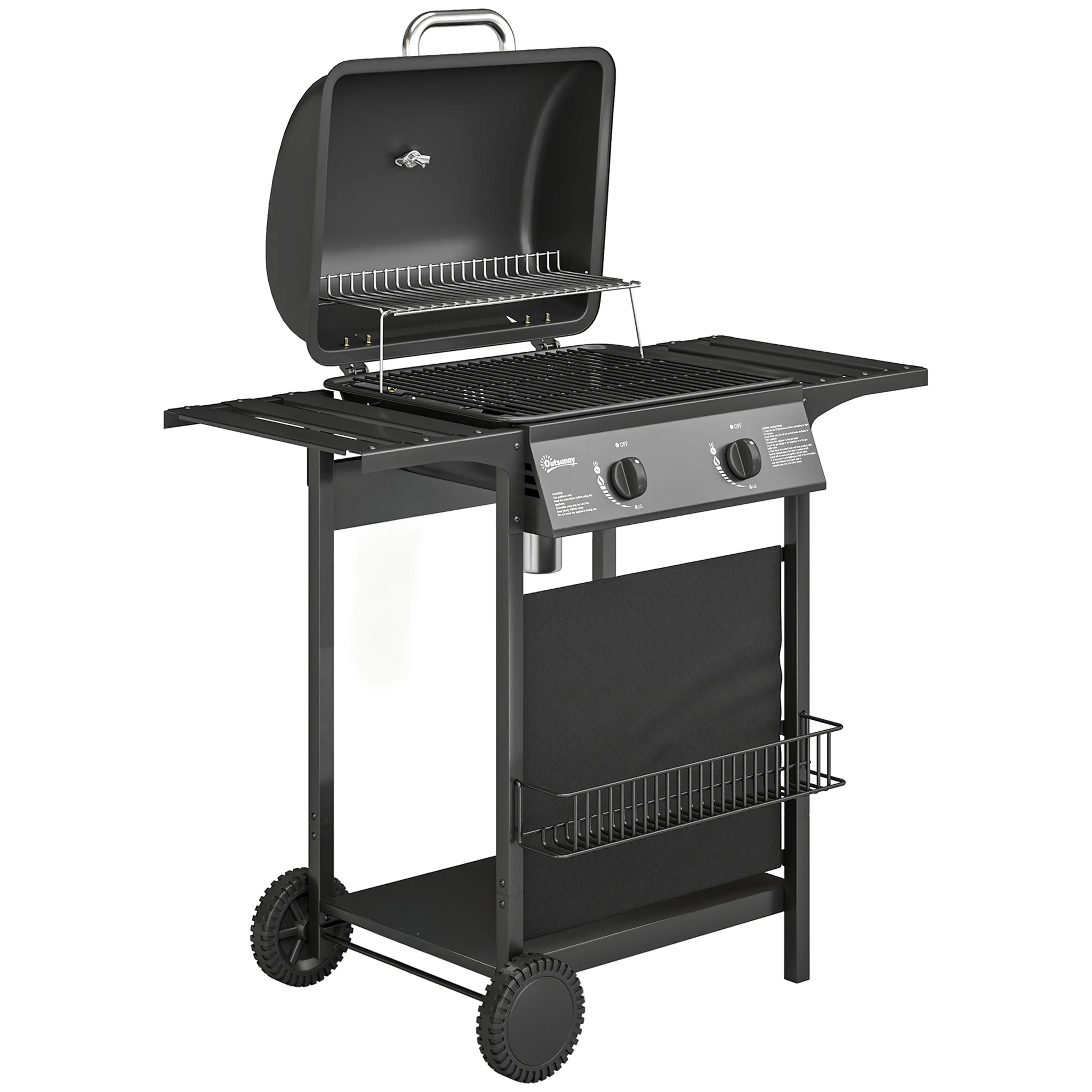 Gasolgrill med två brännare, lock med termometer, två sidobord och frontkorg