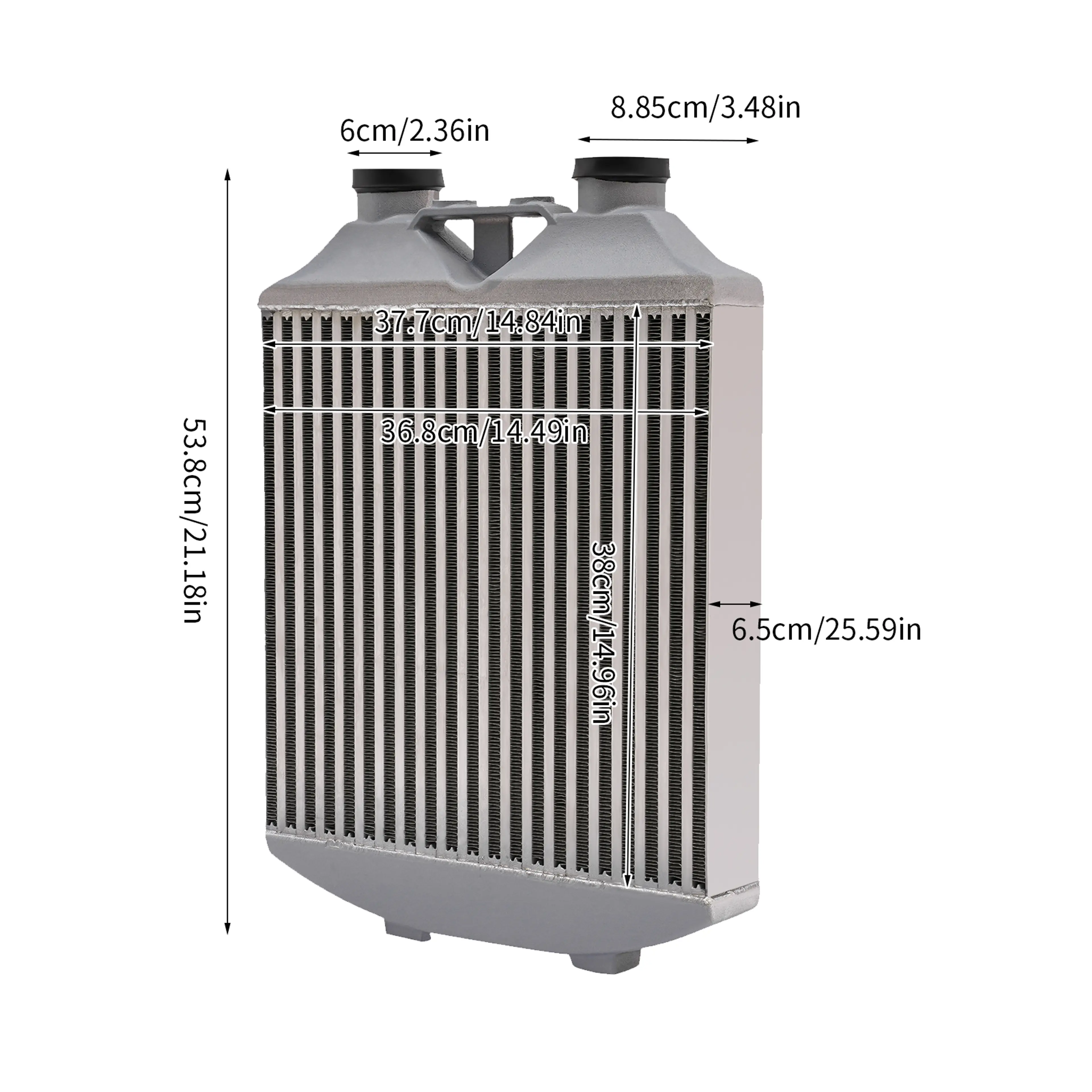 Måttskiss över intercoolern: 53,8 × 37,7 cm totalt, kärna 36,8 × 38 cm och 6,5 cm djup