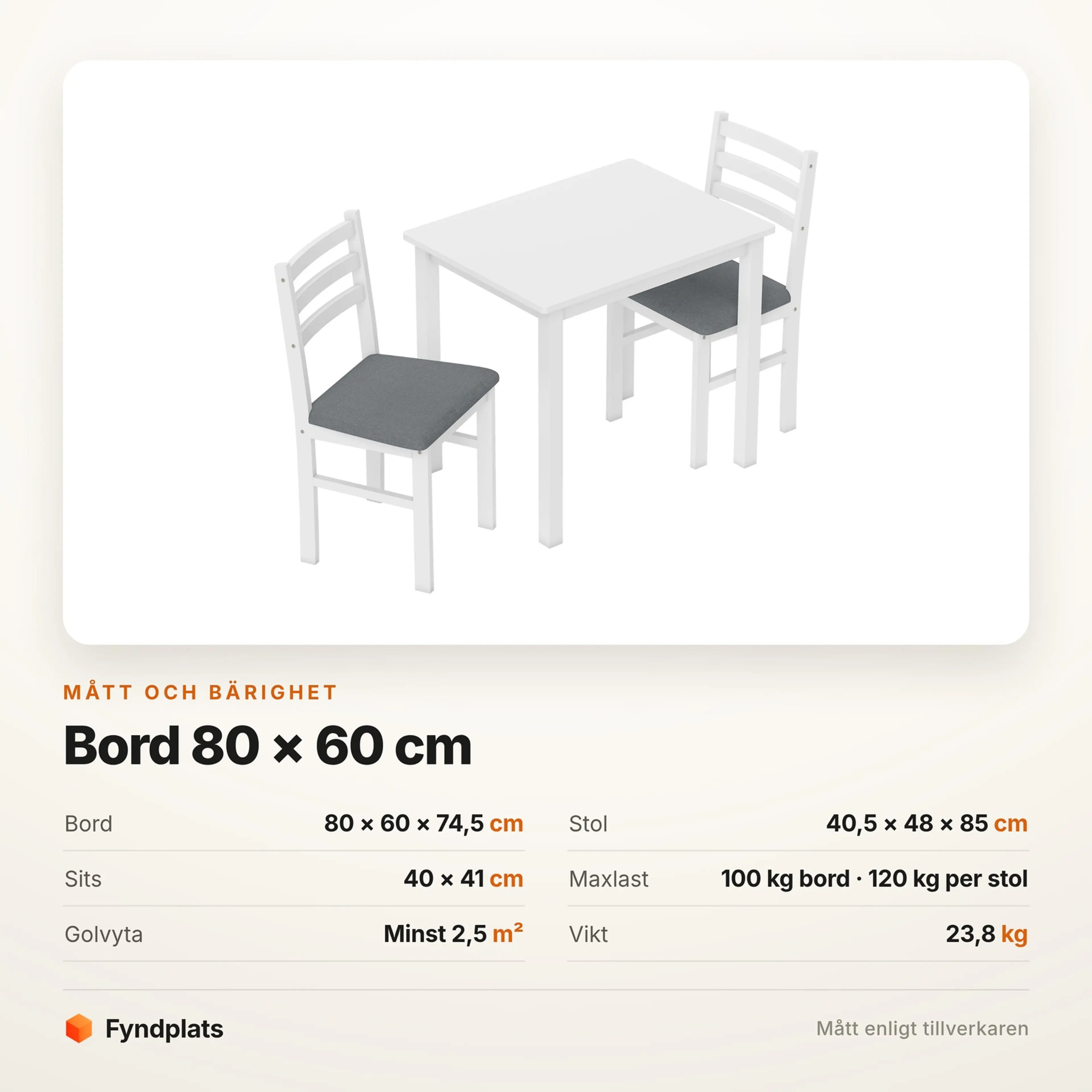 Faktakort: bord 80 × 60 × 74,5 cm, stol 40,5 × 48 × 85 cm, sitthöjd 46,5 cm