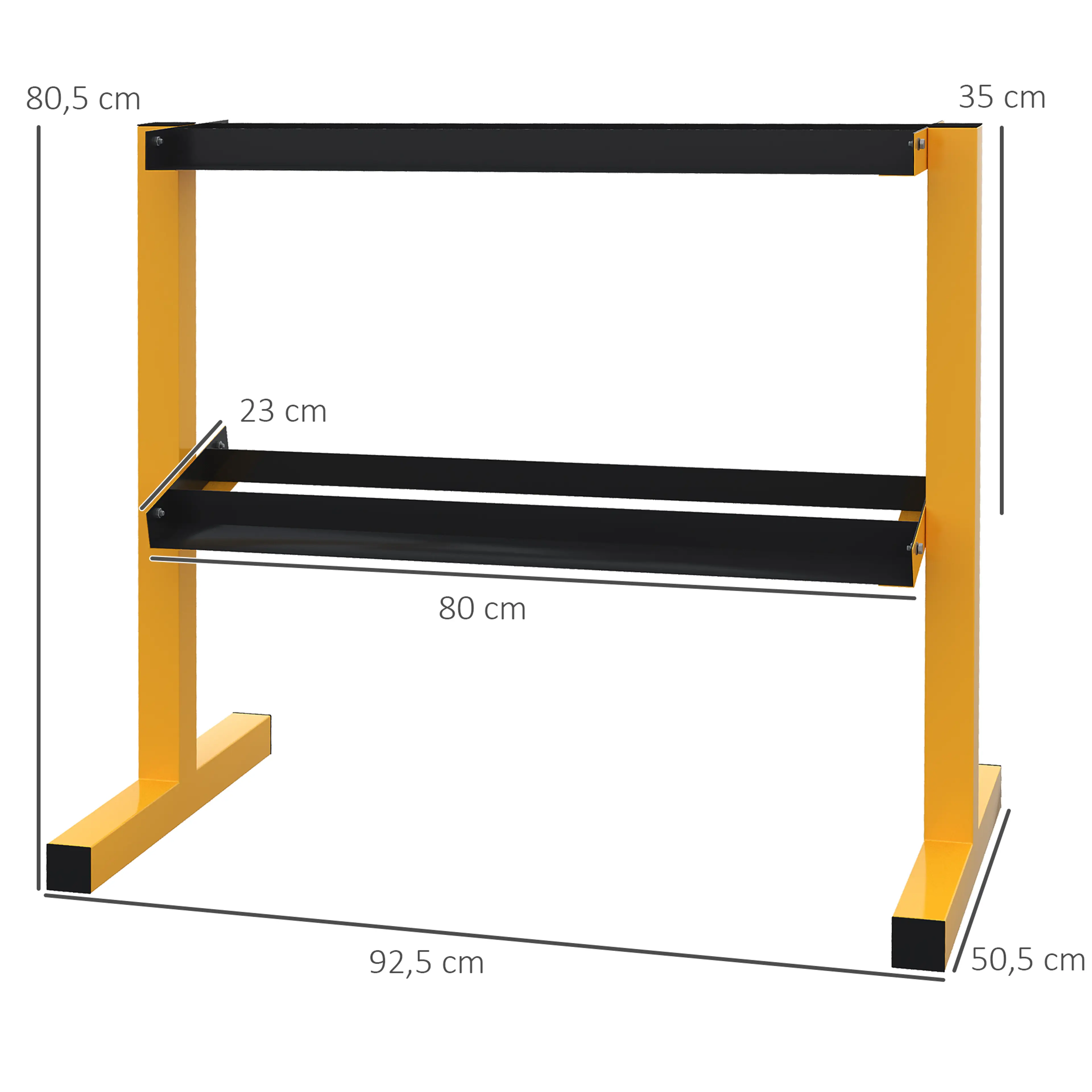 Måttbild: stället är 92,5 × 50,5 × 80,5 cm och hyllorna 80 × 23 cm