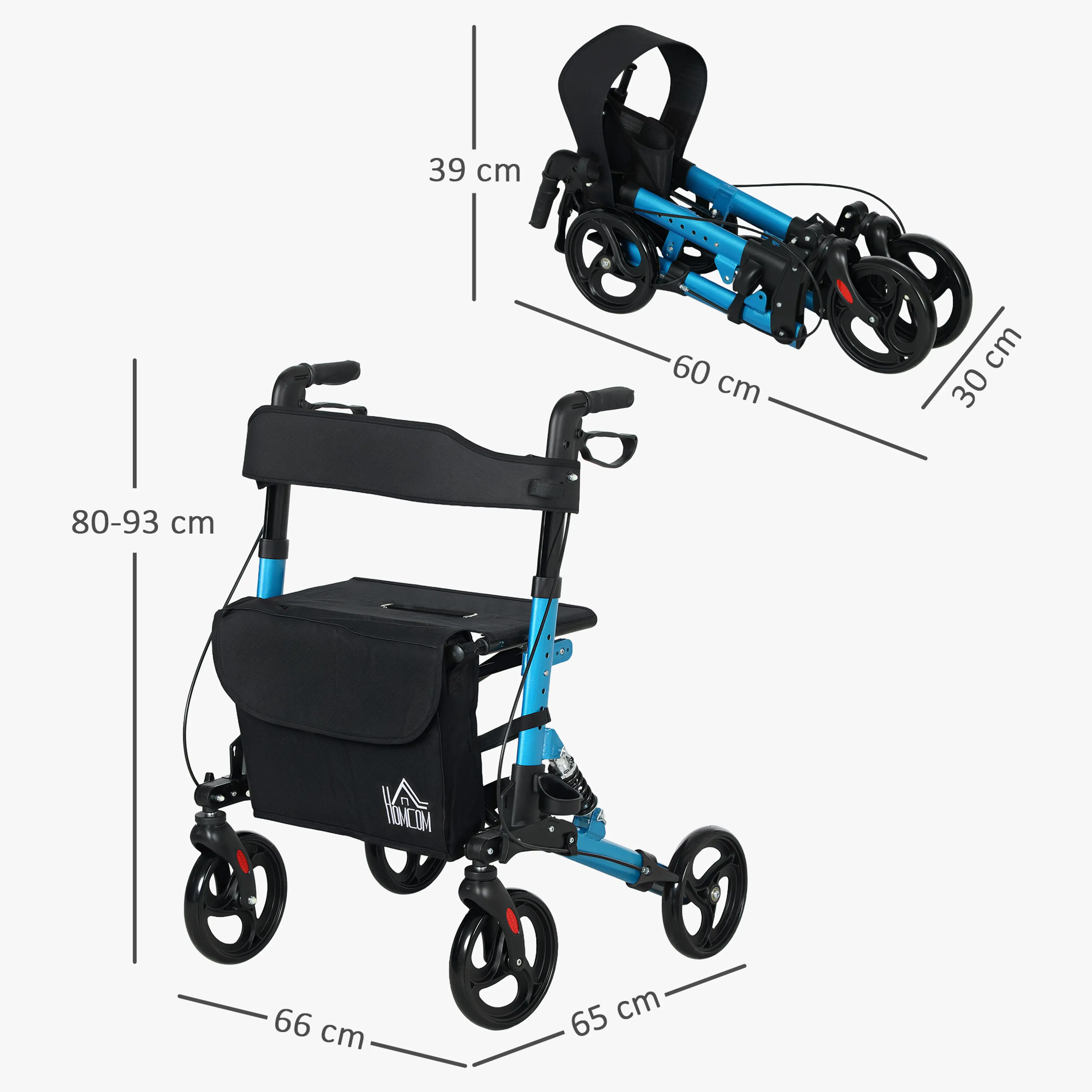 Måttskiss: 66 × 65 cm uppfälld, handtag 80–93 cm och 60 × 30 × 39 cm hopfälld